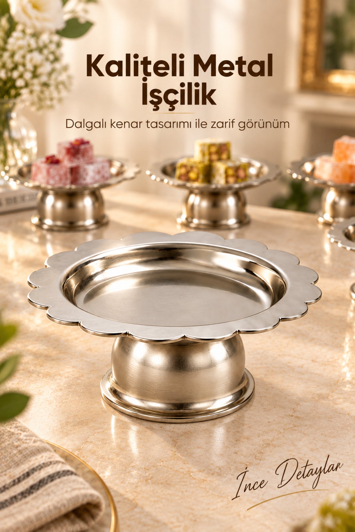 6'lı Dalgalı Kenar Gümüş Renk Metal Lokumluk