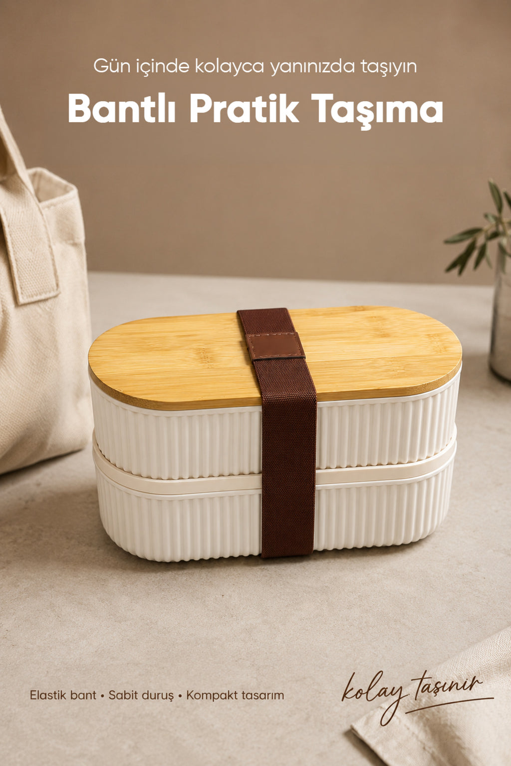 2'li Oval Fitilli Desenli Bantlı Saklama Kabı (600-620 ml) Bambu Kapaklı Taşınabilir Beslenme Seti