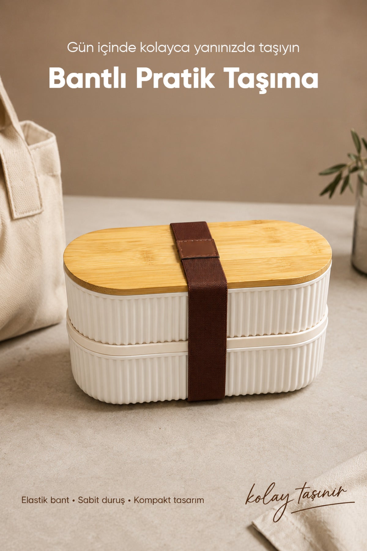 2'li Oval Fitilli Desenli Bantlı Saklama Kabı (600-620 ml) Bambu Kapaklı Taşınabilir Beslenme Seti