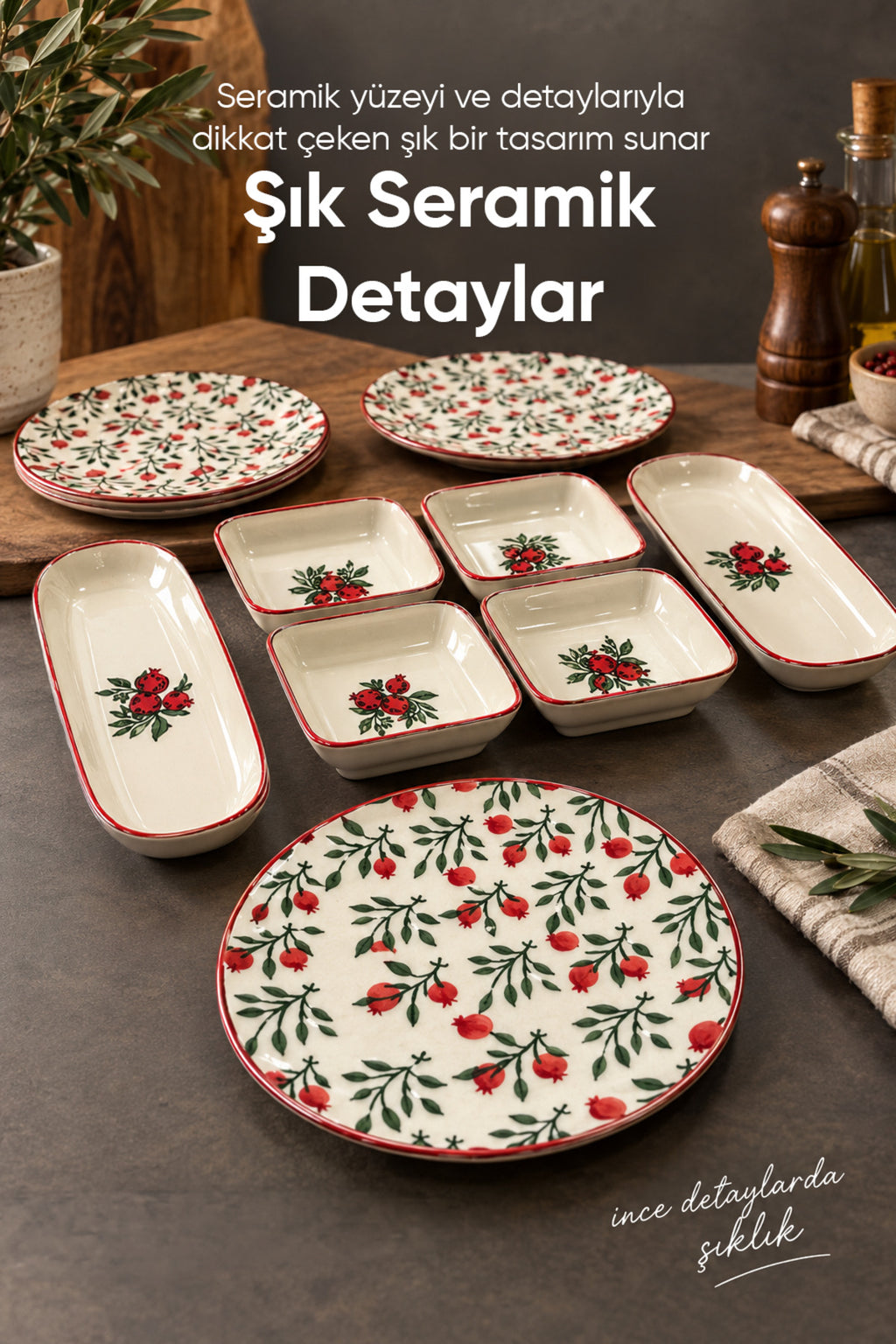 10 Parça Nar Model Seramik Kahvaltı Takımı - Sofra Servis Seti 4x(Yuvarlak Tabak - Kare Kase) 2x(Oval Peynirlik)