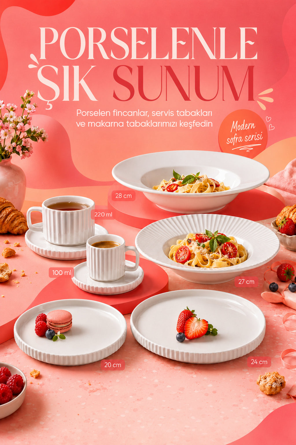 2 Parça 20 cm Porselen Servis Tabağı Seti - Modern Çizgili Yuvarlak Sunum Tabağı