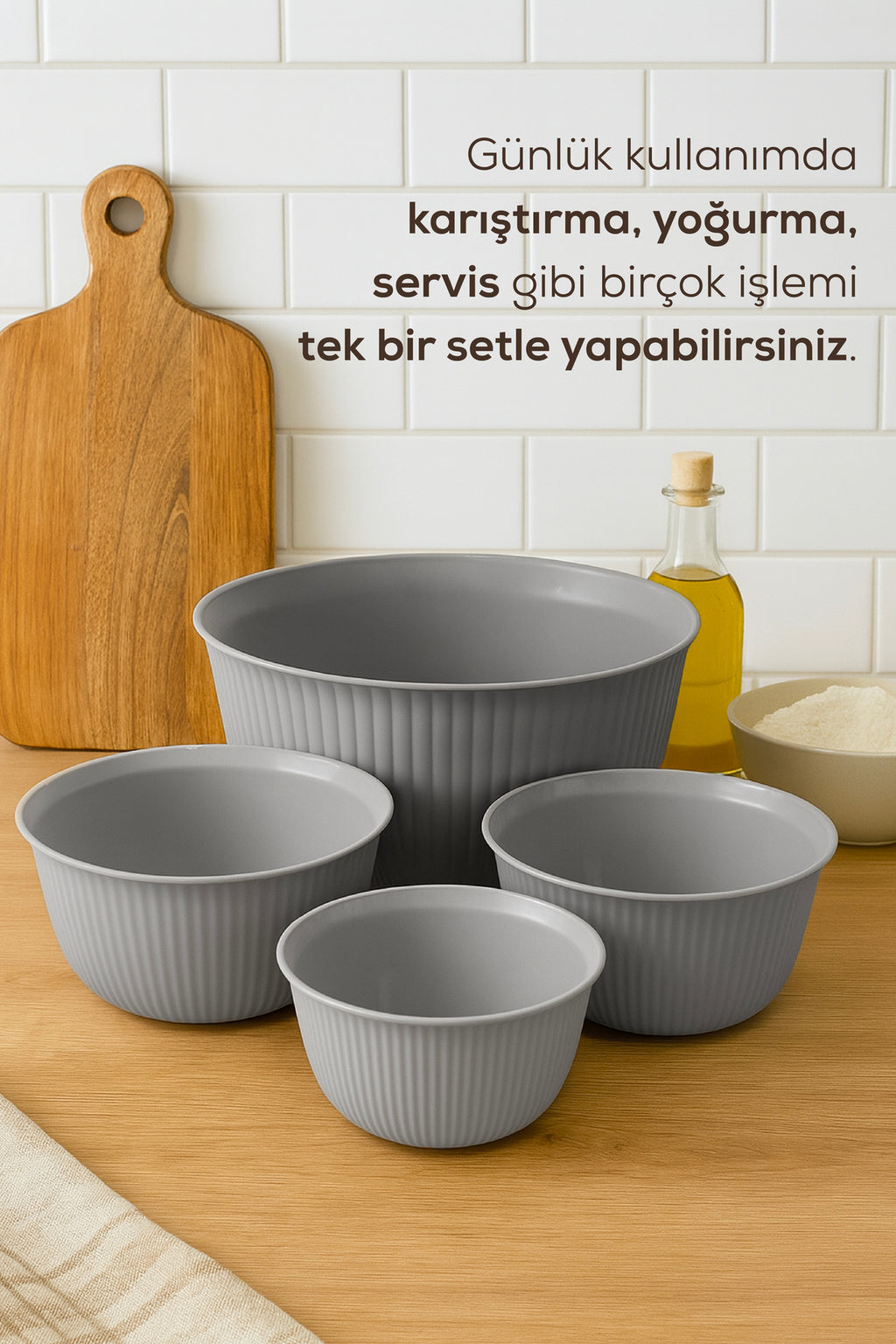 4'lü Mega Boy Plastik Karıştırma ve Saklama Kase Seti | 1L, 2L, 3L, 5L Gri