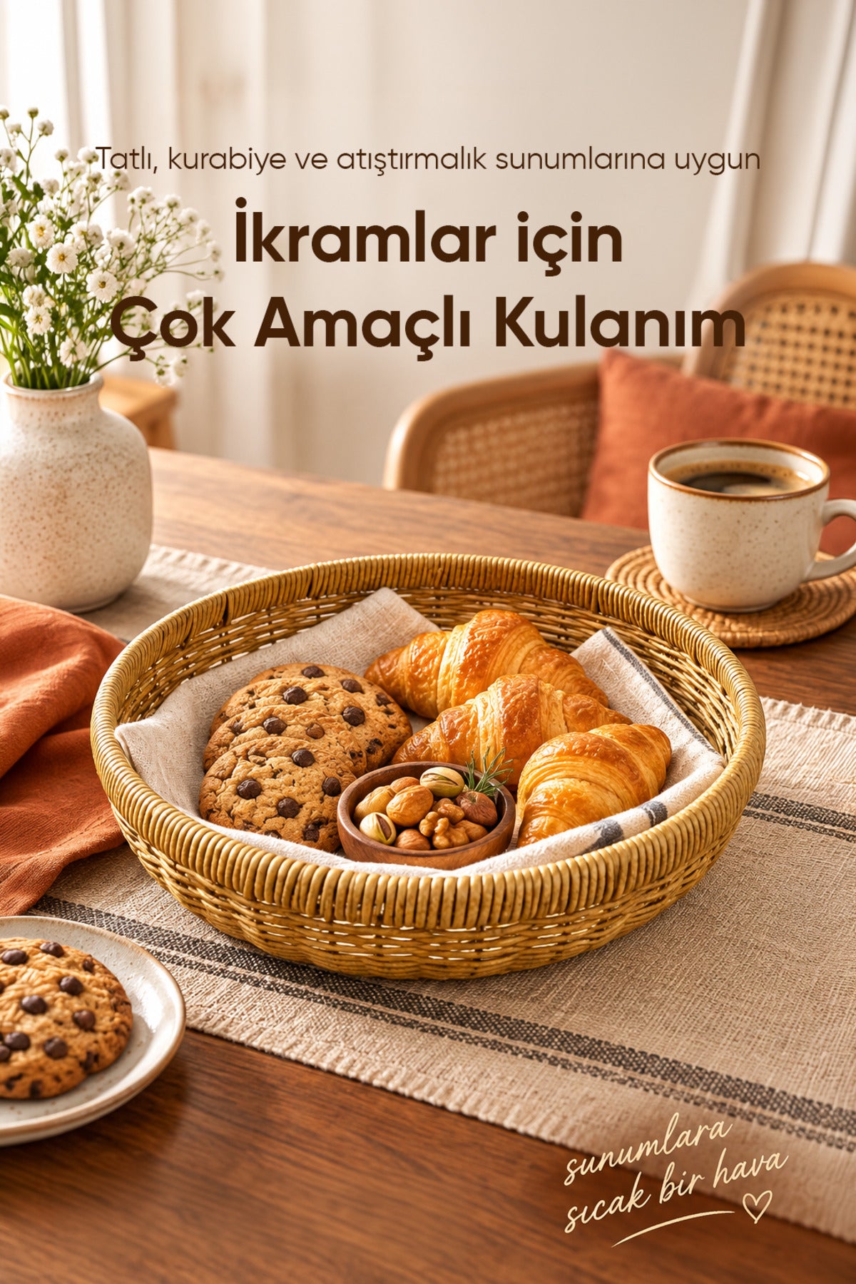 Yuvarlak Hasır Sepet Dekoratif Örgü Servis Sunum Ekmek Meyve Sepeti 31 cm Doğal Kahverengi Tasarım
