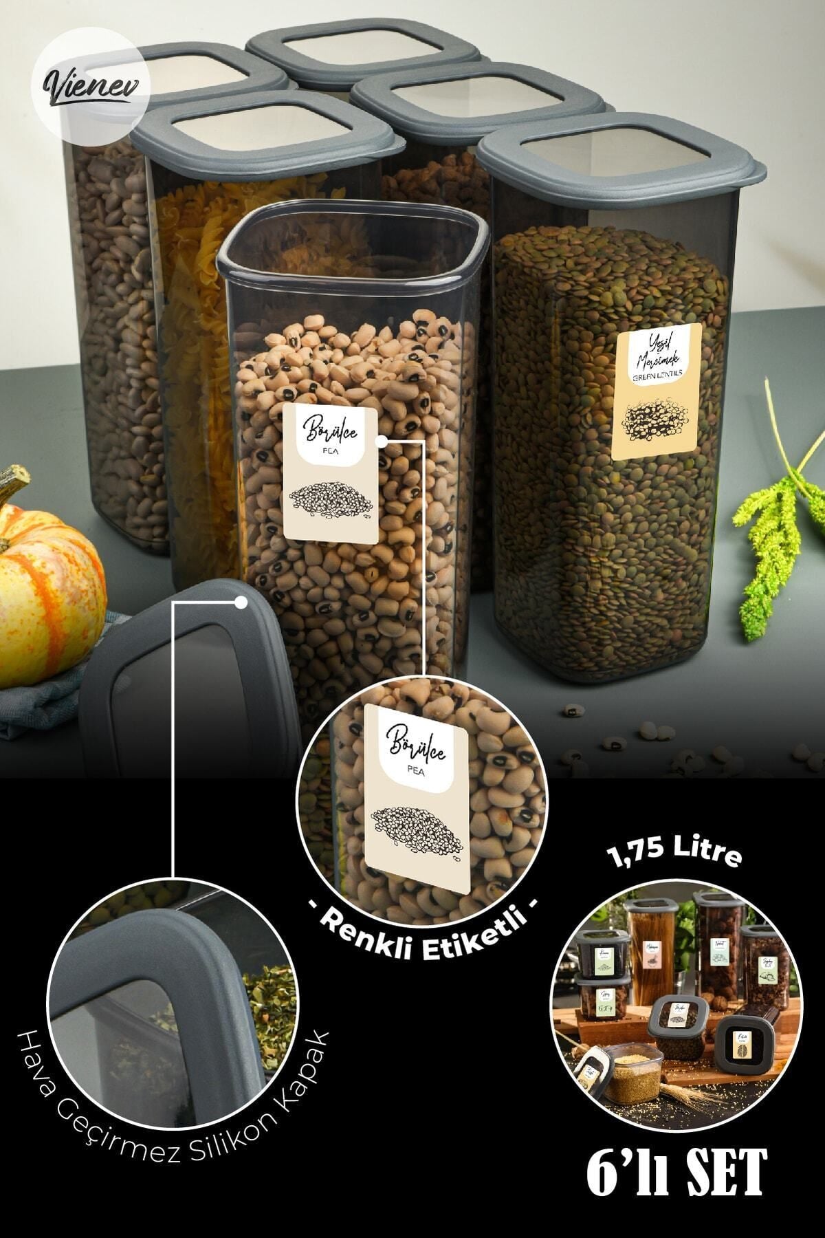 Renkli Etiketli 6lı Foly Kare Erzak Saklama Kabı 1,75 Litre Antrasit