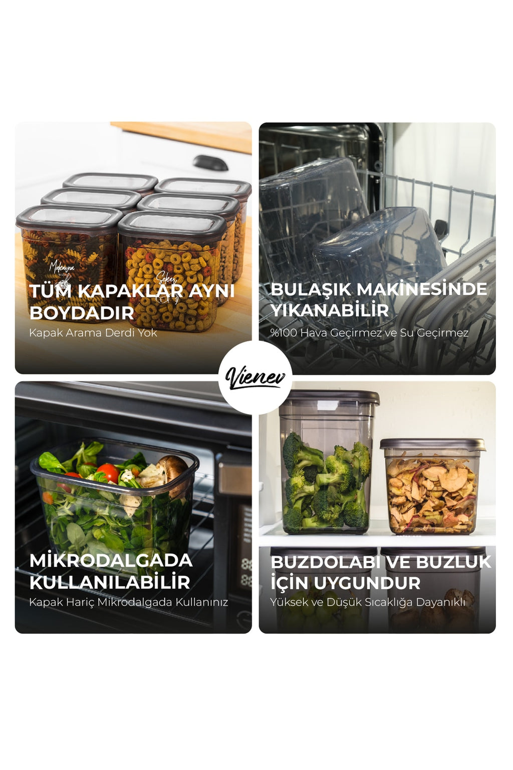 Renkli Etiketli 4lü Peggy Dikdörtgen Saklama Kabı Seti 2x(1500-1150 Ml) Antrasit