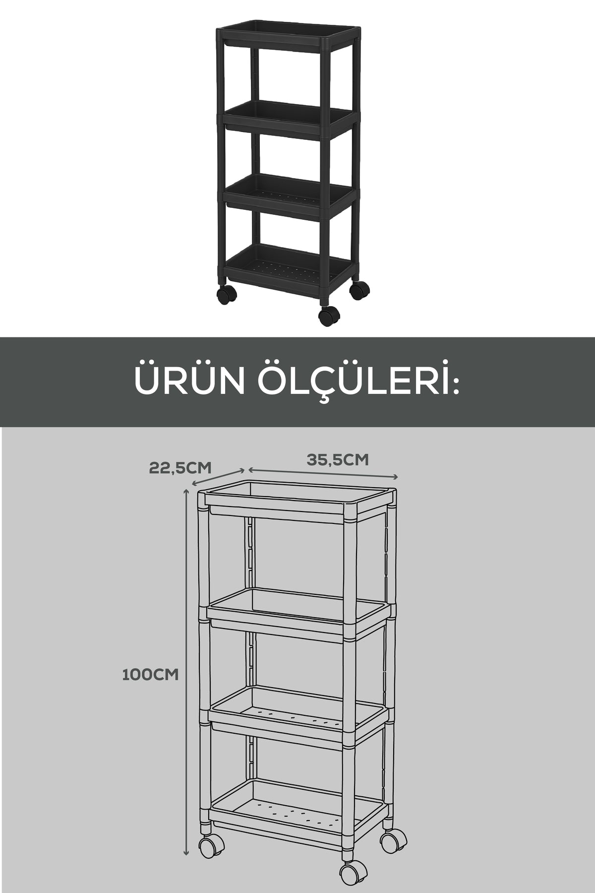 4 Katlı Tekerlekli Çok Amaçlı Mutfak ve Banyo Rafı Siyah