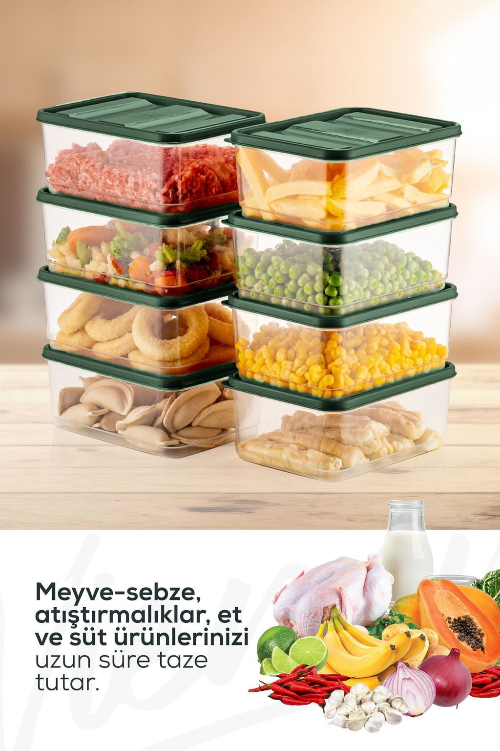 8'li Buzdolabı Düzenleyici Organizer Mikrodalgaya Uygun Difriz Saklama Kabı Yeşil