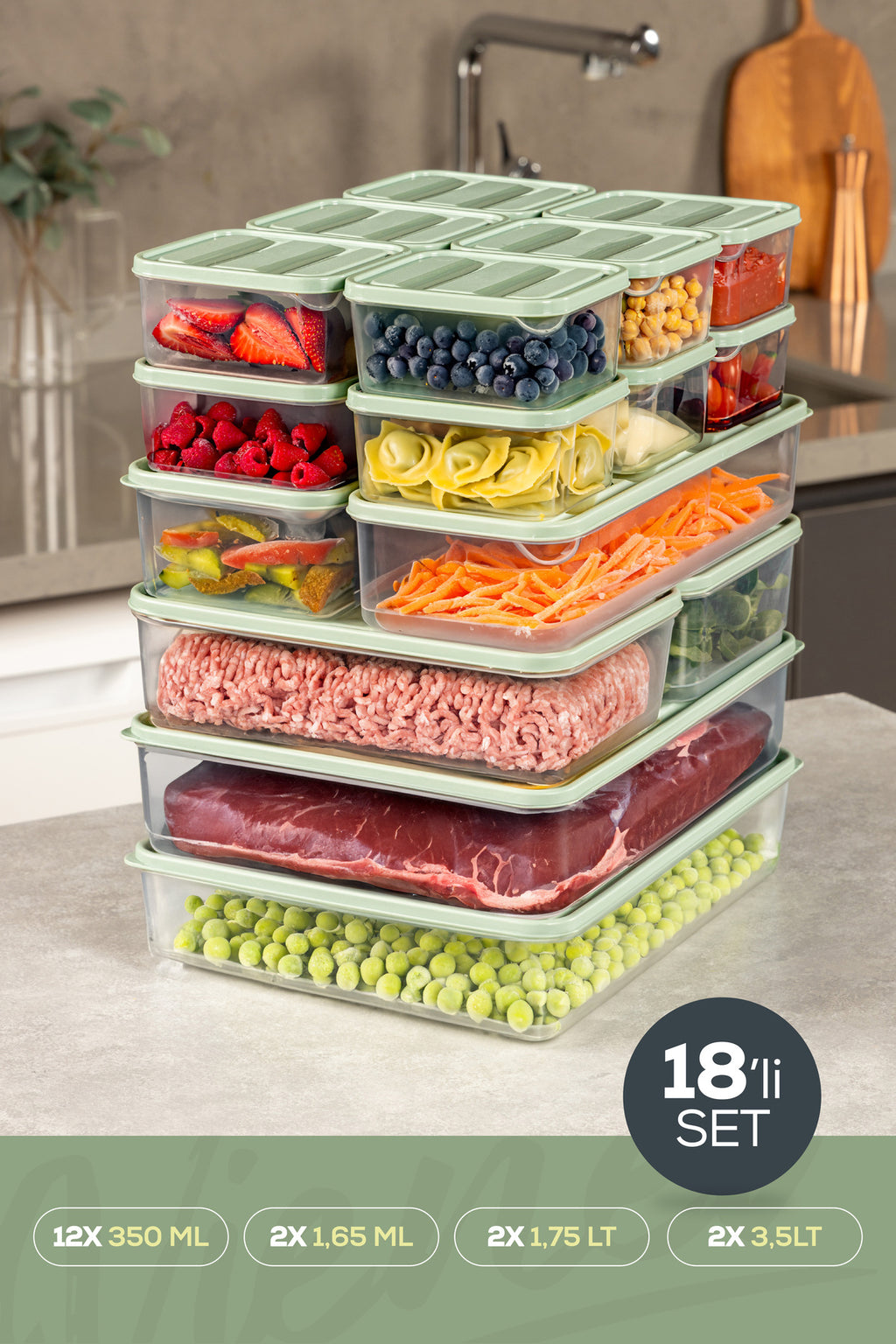18'li Buzdolabı Dondurucu Organizer Ve Saklama Kabı Mint 12x(350ML) 2x(1,65LT) 2x(1,75LT) 2x(3,5LT)