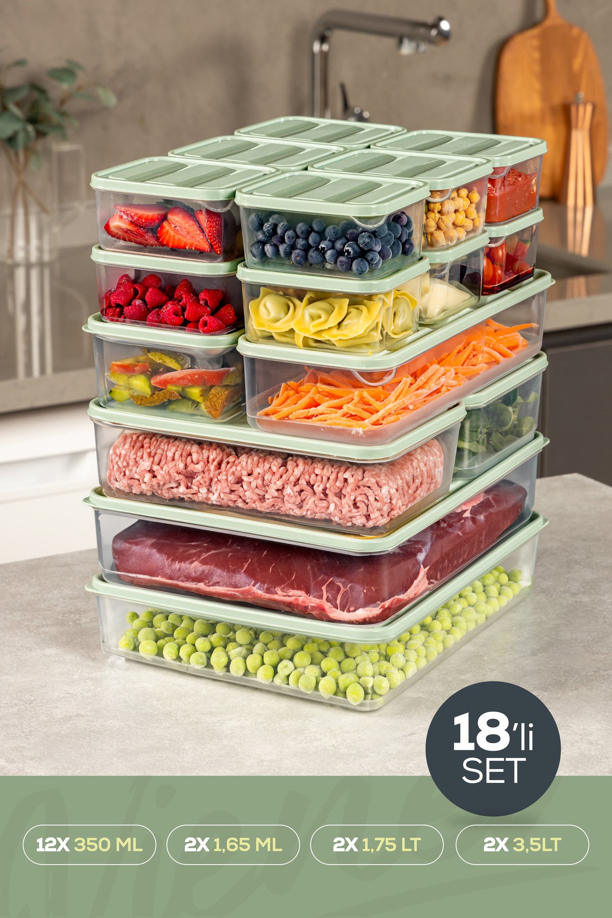 18'li Buzdolabı Dondurucu Organizer Ve Saklama Kabı Mint 12x(350ML) 2x(1,65LT) 2x(1,75LT) 2x(3,5LT)
