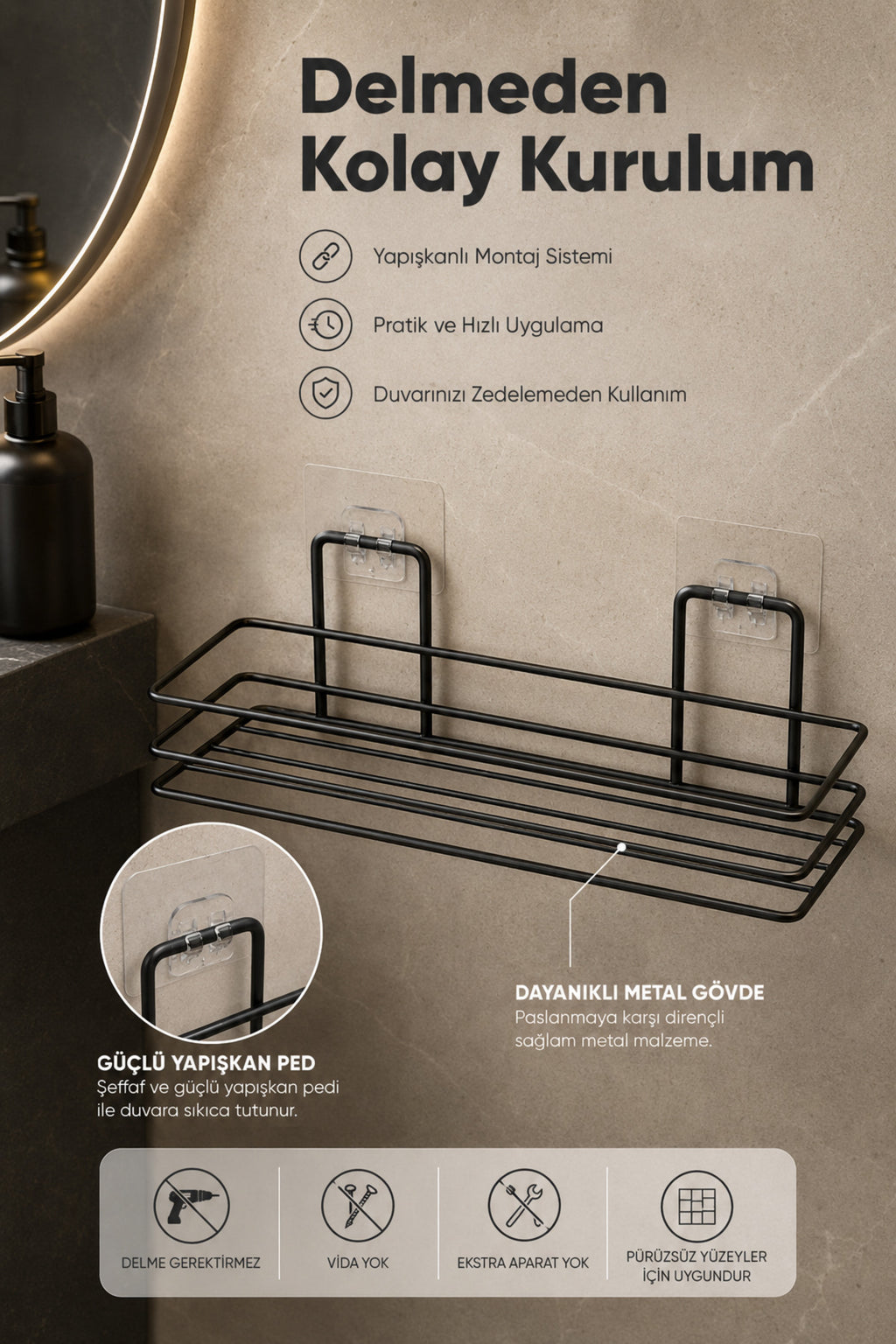 Banyo ve Mutfak İçin Paslanmaz Siyah Metal Yapışkanlı Düzenleyici Raf
