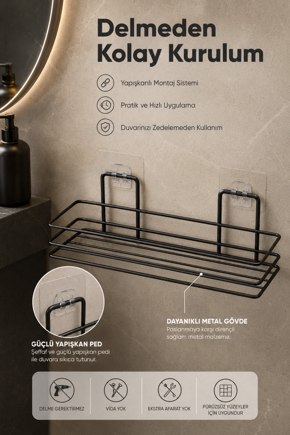 Banyo ve Mutfak İçin Paslanmaz Siyah Metal Yapışkanlı Düzenleyici Raf
