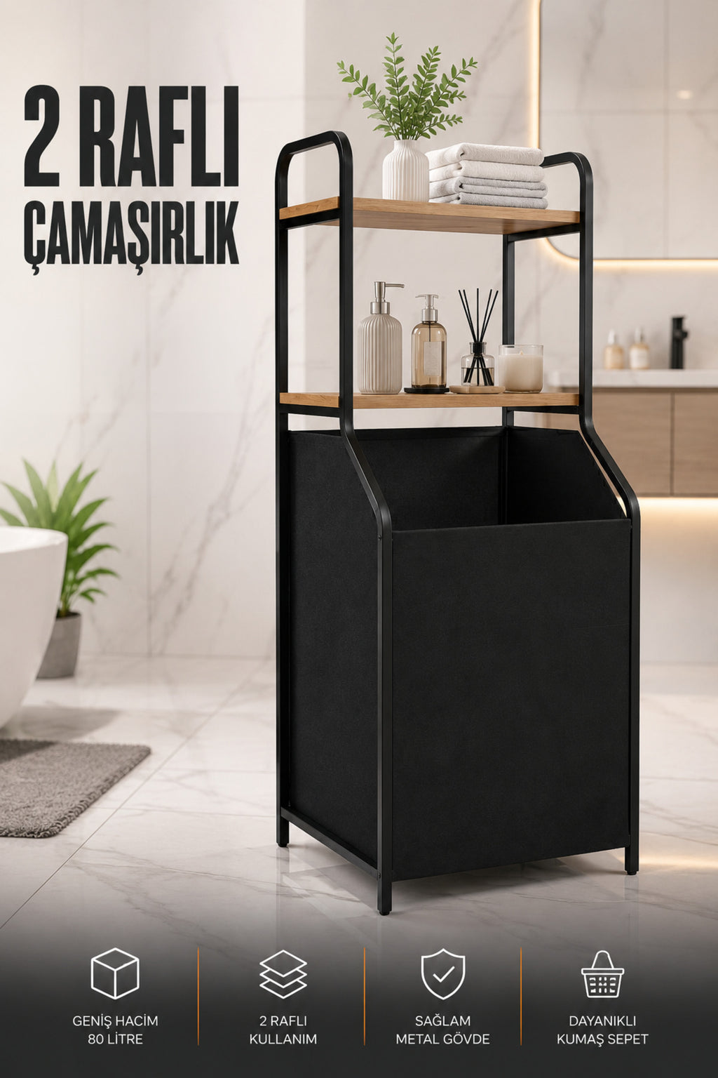 Metal Gövdeli Ahşap Raflı Banyo Düzenleyici - 80 L Geniş Kumaş Kirli Sepeti