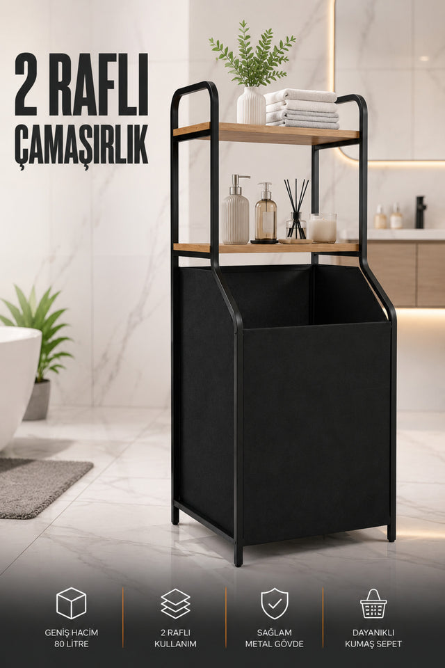 Ahşap Raflı Banyo Düzenleyici ve Kirli Sepeti 80 L