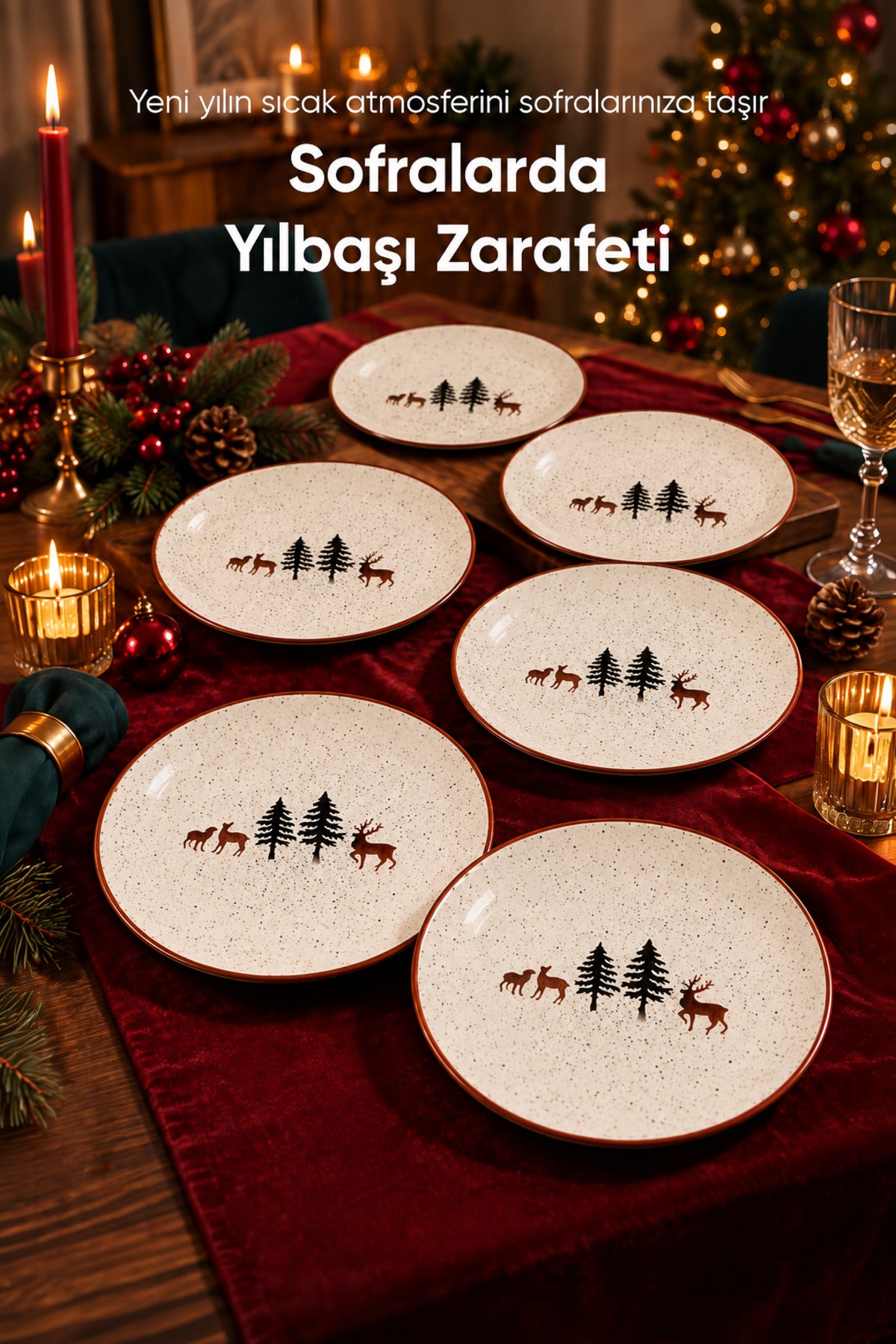 6'lı Geyik Desenli Yuvarlak Pasta Tabağı 19 cm Tatlı Sunum Servis Tabağı 6 Kişilik