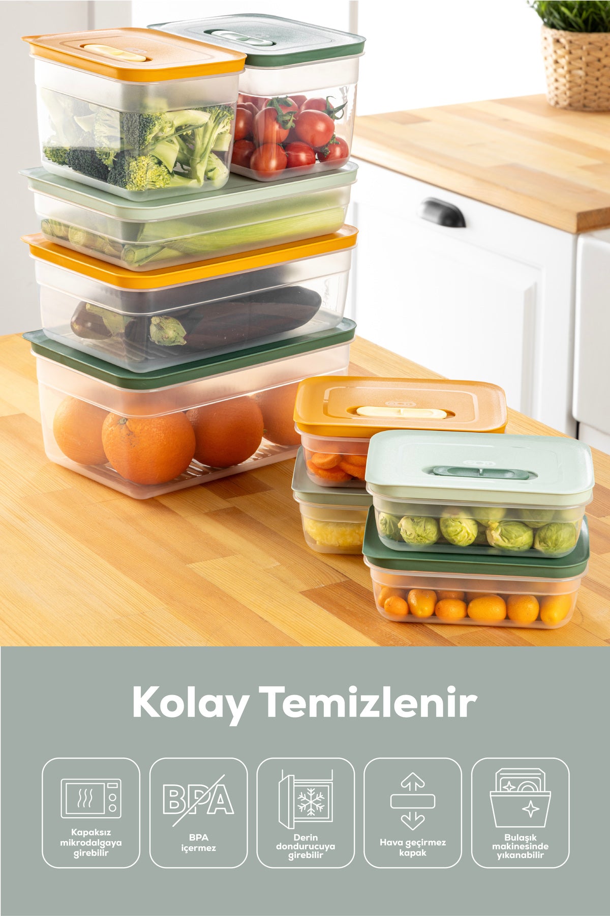 10'lu Hava Kanallı Ayarlanabilir Sebze ve Meyve Saklama Kabı 4x(1,15 lt) 2x(2,35-3,8-5 lt) Mint