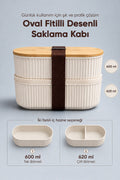 2'li Oval Fitilli Desenli Bantlı Saklama Kabı (600-620 ml) Bambu Kapaklı Taşınabilir Beslenme Seti