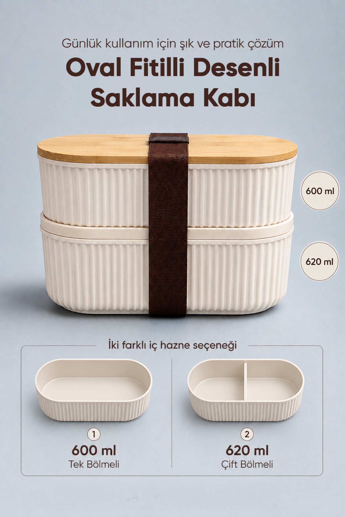 2'li Oval Fitilli Desenli Bantlı Saklama Kabı (600-620 ml) Bambu Kapaklı Taşınabilir Beslenme Seti
