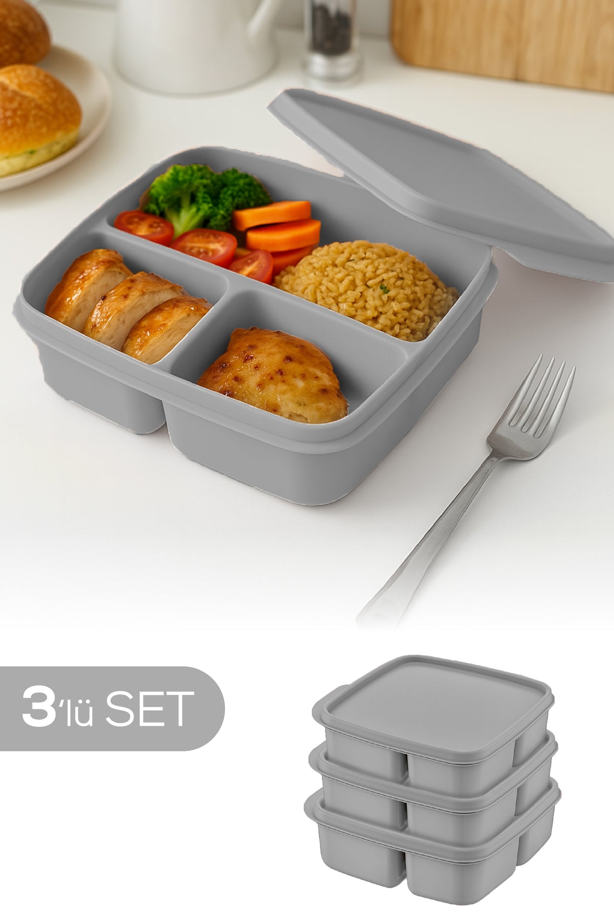 3'lü Set Bölmeli Kare Saklama Kabı Açık Gri