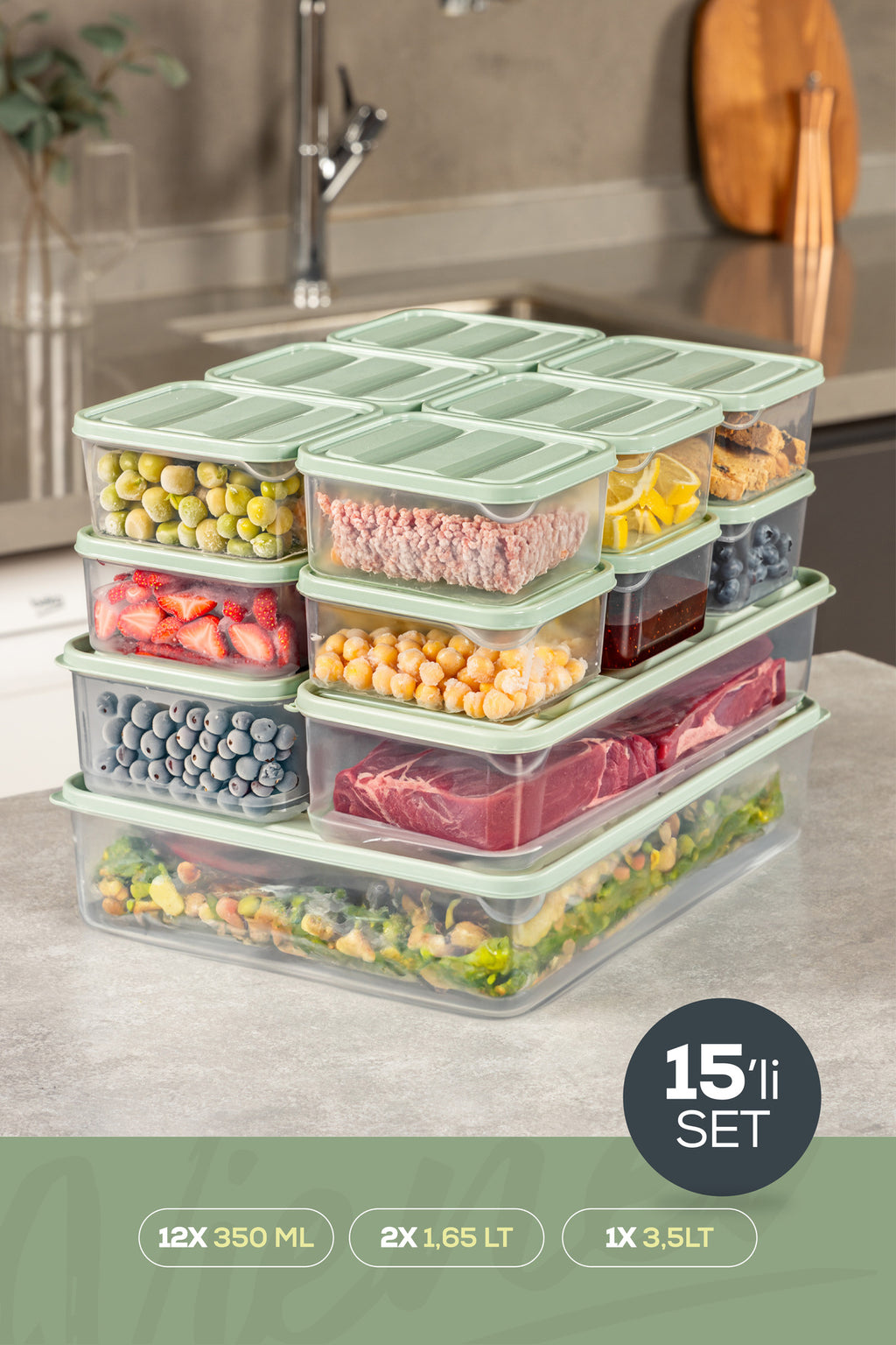 15'li Buzdolabı Dondurucu Organizer Ve Saklama Kabı Mint 12x(350ML) 2x(1,65LT) 1x(3,5LT)