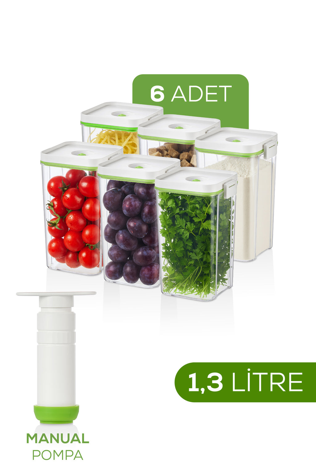7'li Vakumlu Saklama Kabı Seti | 6x 1,3 Litre Kap + Manuel Pompa