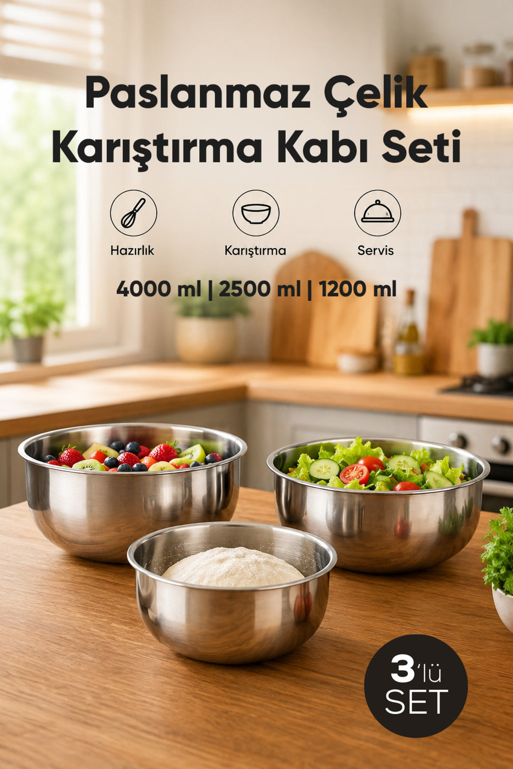 3'lü Paslanmaz Çelik Karıştırma Kabı Seti - 1200-2500-4000 ml Metal Kase Takımı