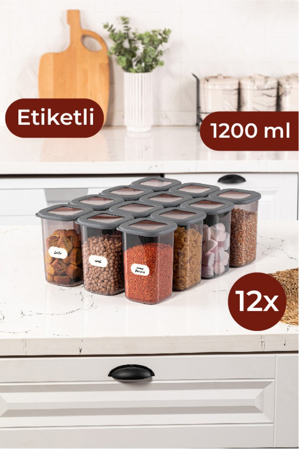 Etiketli Foly Kare Erzak Saklama Kabı Seti 12li 1,2 Orta Boy Antrasit