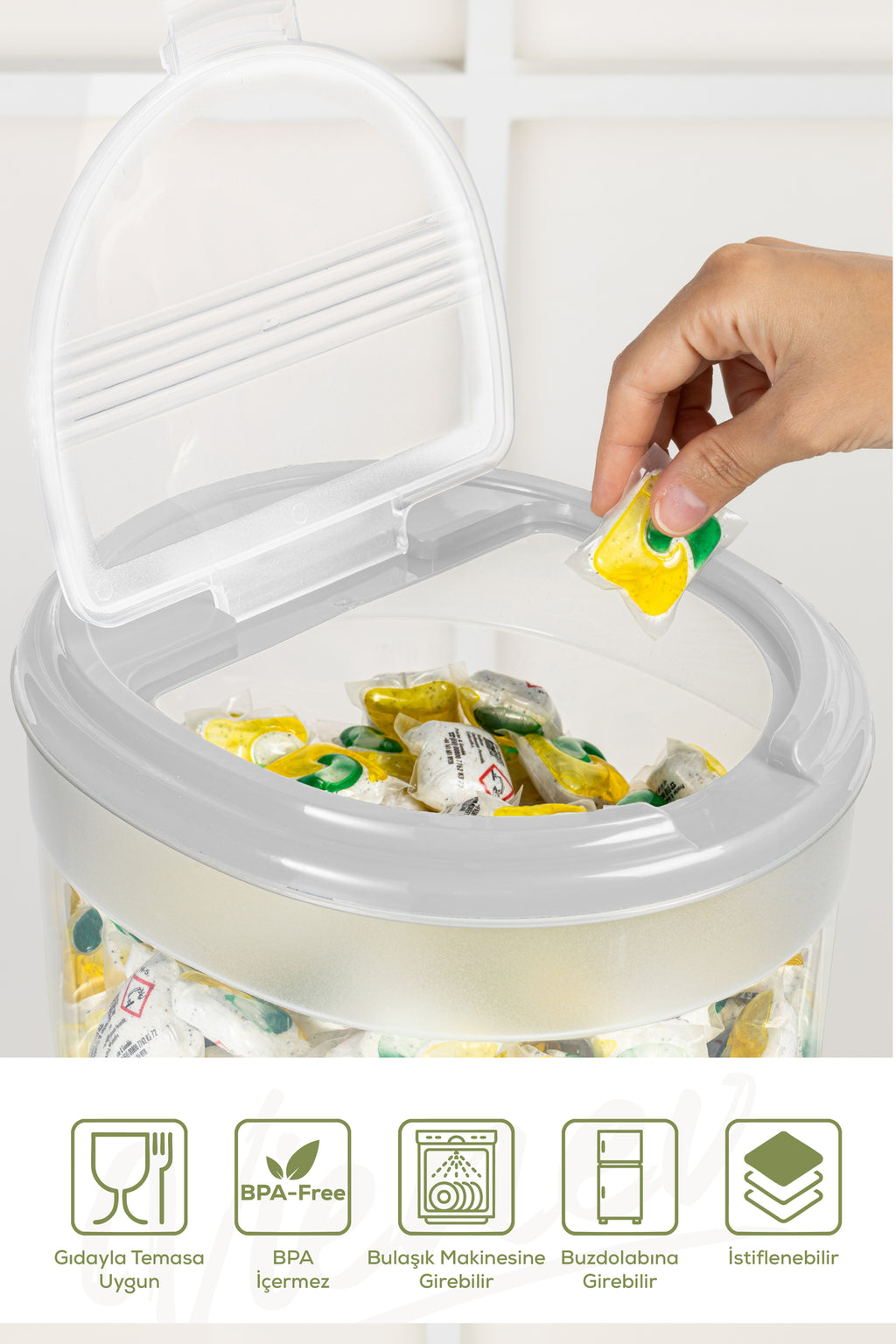 4'lü 8 Litre Büyük Boy Plastik Deterjan Saklama Kutusu – Açık Gri Kapaklı