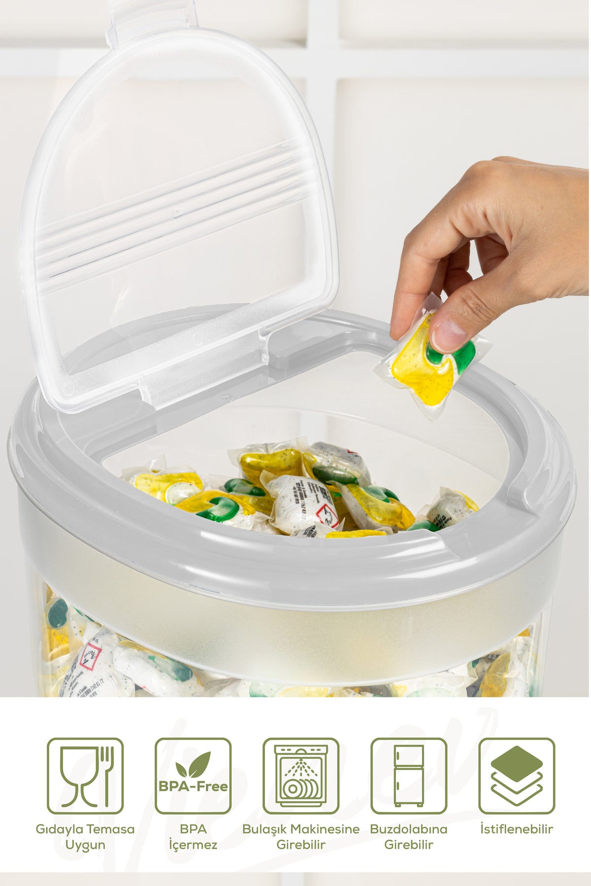 4'lü 8 Litre Büyük Boy Plastik Deterjan Saklama Kutusu – Açık Gri Kapaklı