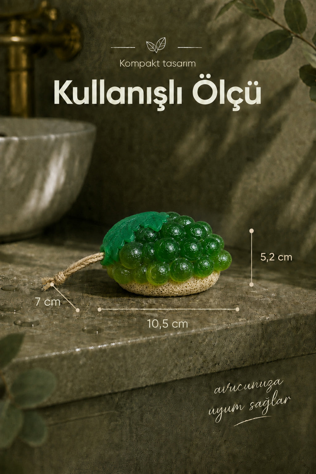 Yeşil Üzüm Şekilli Lifli Katı Sabun 10,5x7x5,2 cm Peeling Etkili Asılabilir Dekoratif Banyo El Sabunu