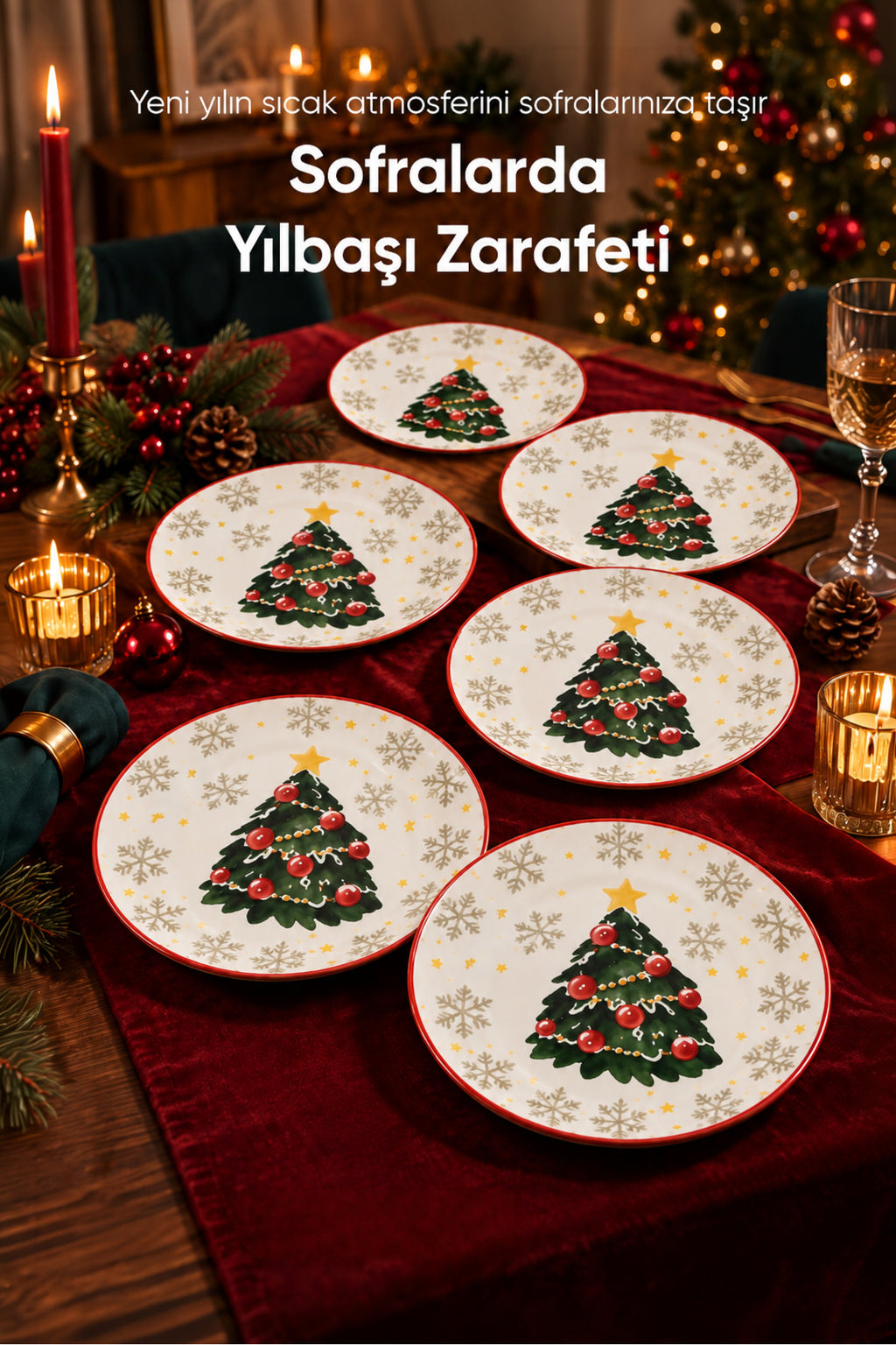 6'lı Süslü Çam Ağacı Desenli Yuvarlak Servis Tabağı 25 cm Tatlı Sunum Servis Tabağı 6 Kişilik