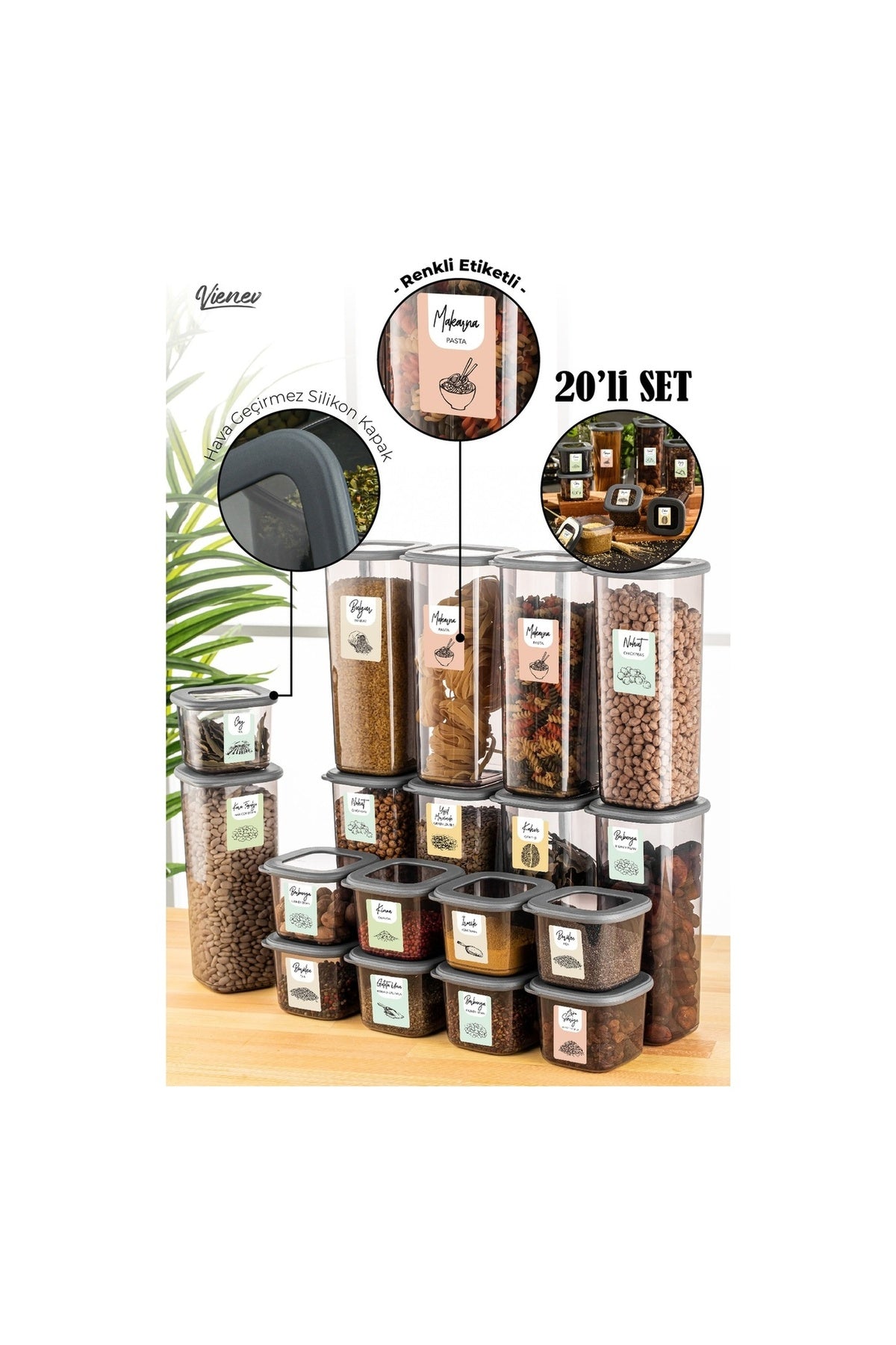 Renkli Etiketli 20li Foly Kare Erzak Saklama Kabı 10x(0,55 Litre, 1,75 Litre) Antrasit