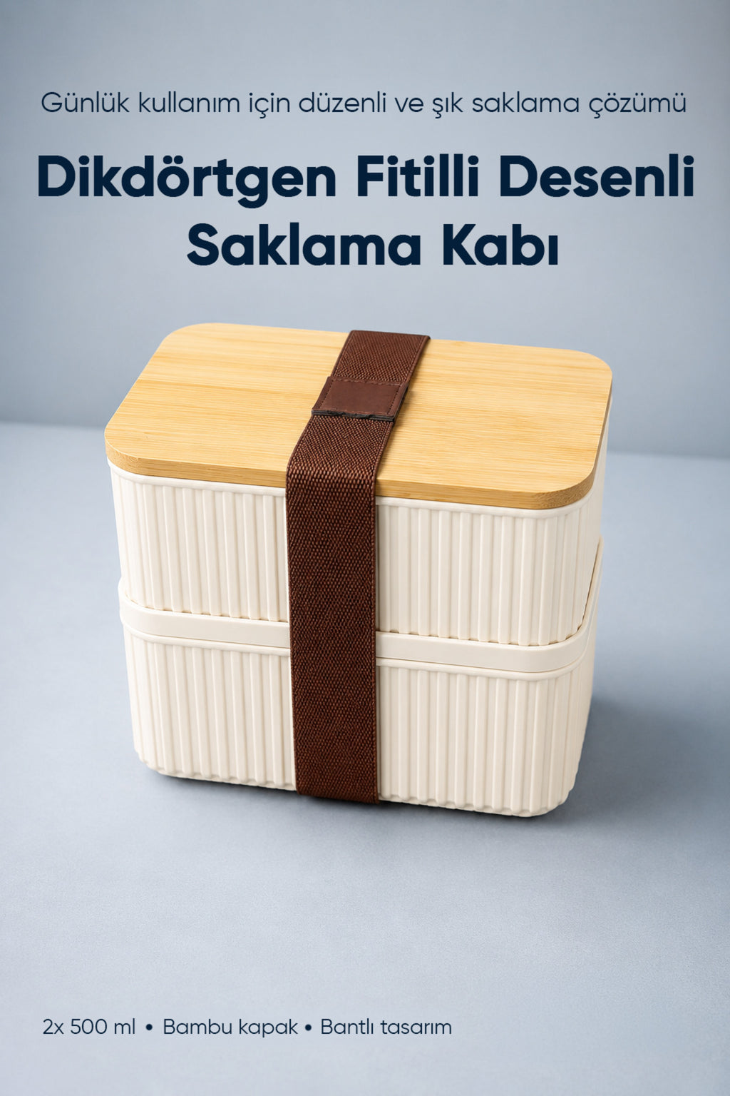 2'li 500 ml Dikdörtgen Fitilli Desenli Bantlı Saklama Kabı Bambu Kapaklı Taşınabilir Beslenme Seti