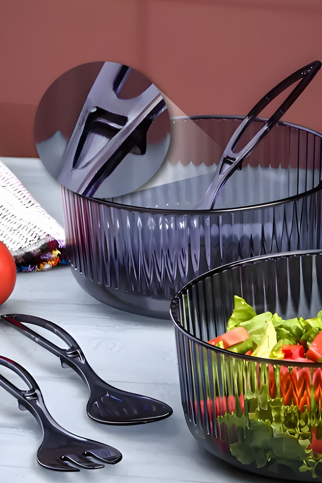 Akrilik Yuvarlak Kaşıklı Salata Kasesi 23 Cm Servis Sunum Tabağı Antrasit
