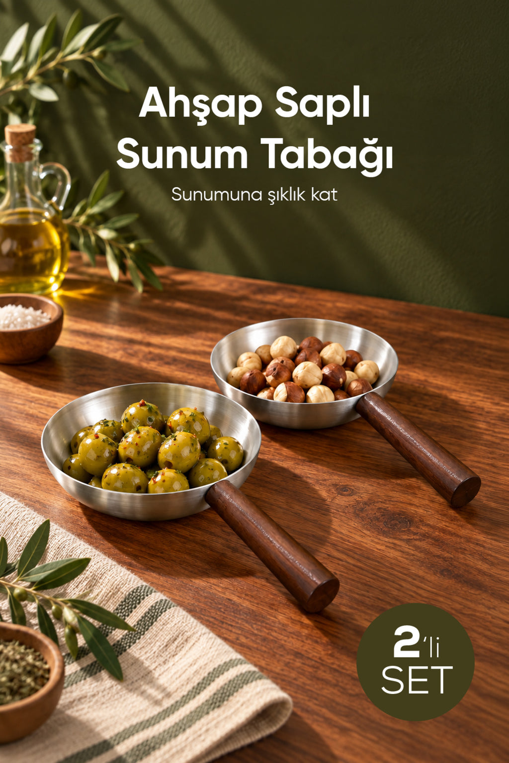 2'li Ahşap Saplı Metal Sunum Tabağı | Mini Sosluk Çerezlik İkramlık Servis Tabağı Sunumluk Seti