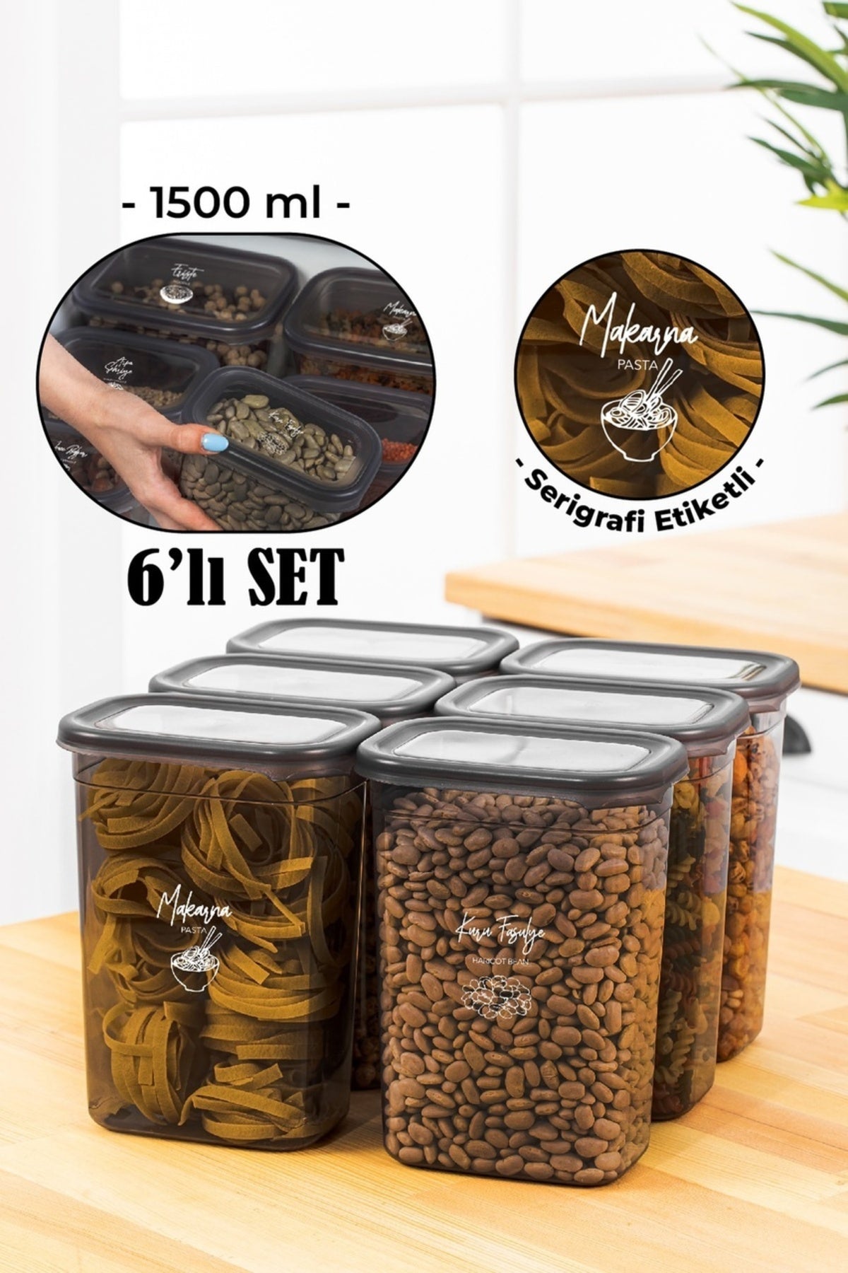 Beyaz Serigrafi Etiketli 6lı Peggy Dikdörtgen Saklama Kabı Seti 1500 ml Antrasit