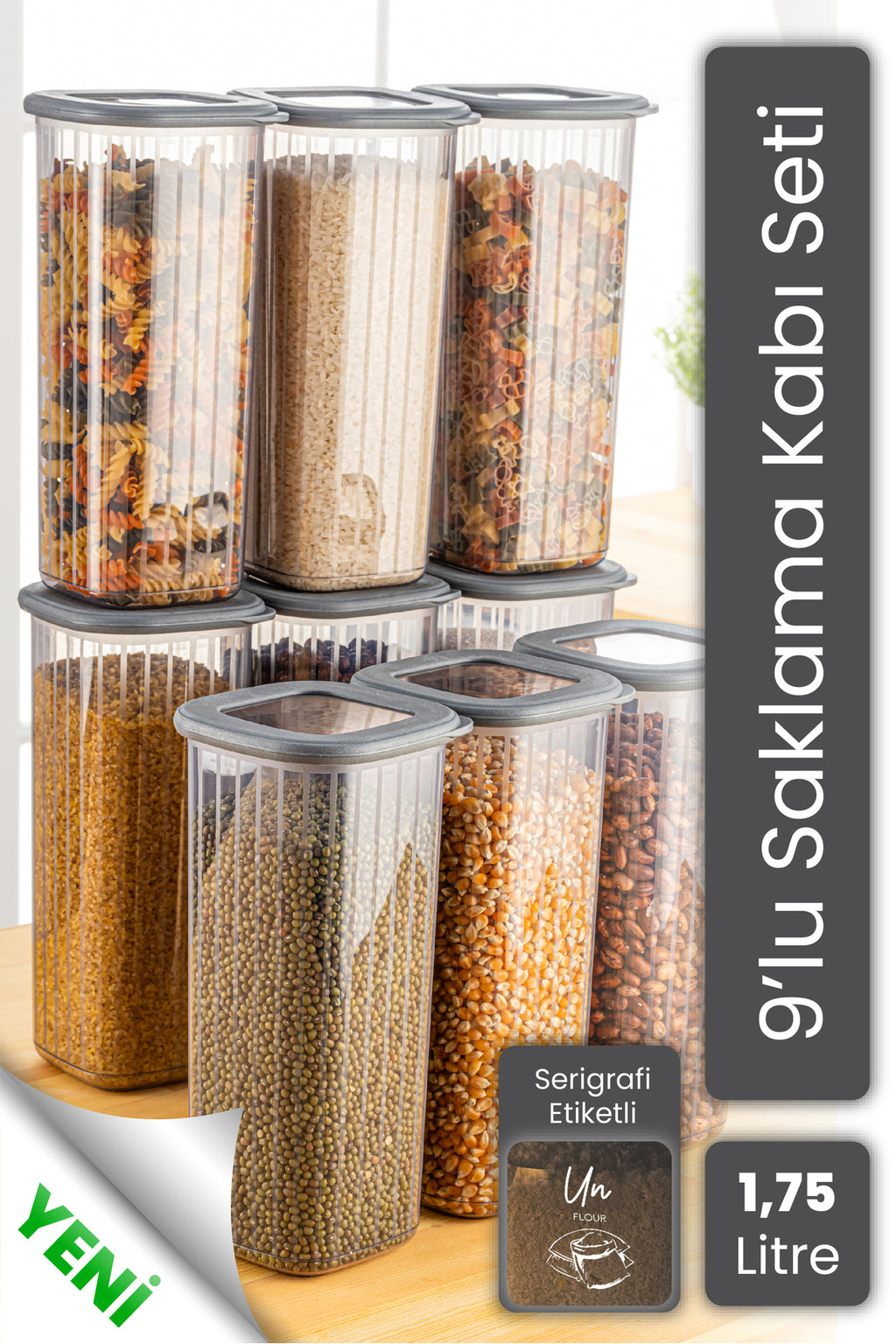 9'lu 1,75 Litre Poly Kapak Çizgili Desenli Saklama Kabı Antrasit Beyaz Serigrafi Etketli