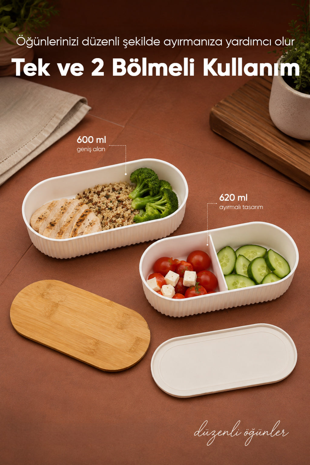 2'li Oval Fitilli Desenli Bantlı Saklama Kabı (600-620 ml) Bambu Kapaklı Taşınabilir Beslenme Seti