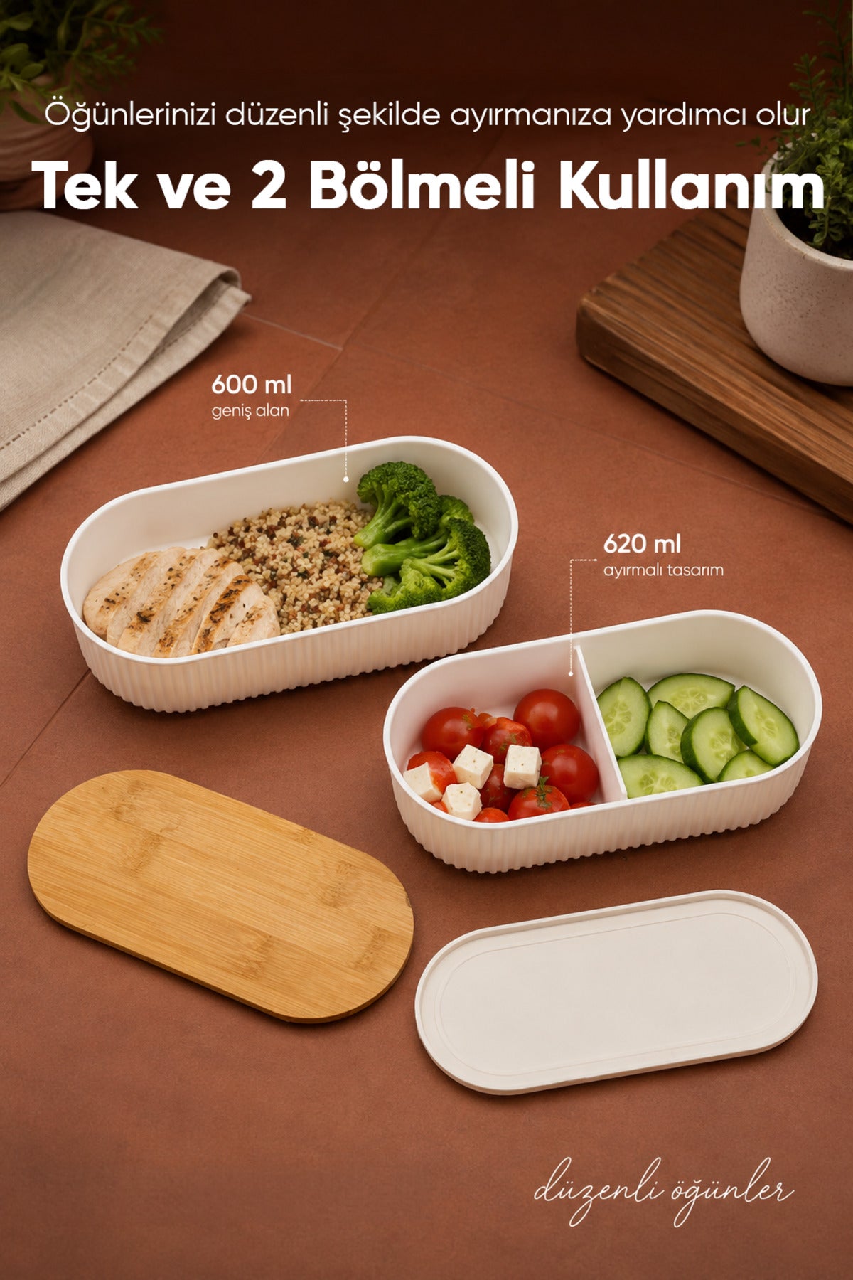 2'li Oval Fitilli Desenli Bantlı Saklama Kabı (600-620 ml) Bambu Kapaklı Taşınabilir Beslenme Seti
