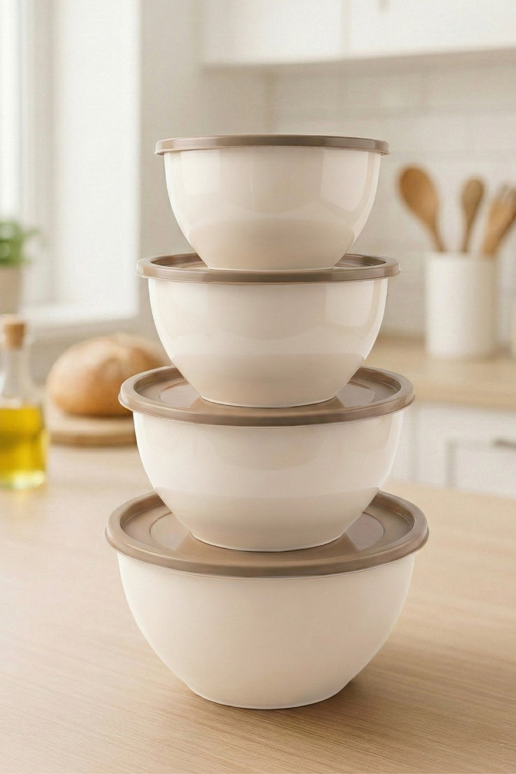 4'lü Yuvarlak Kase Seti Bej | 1l, 1.5l, 2.3l, 3.3l | Kapaklı Çok Amaçlı Mutfak Saklama Kabı