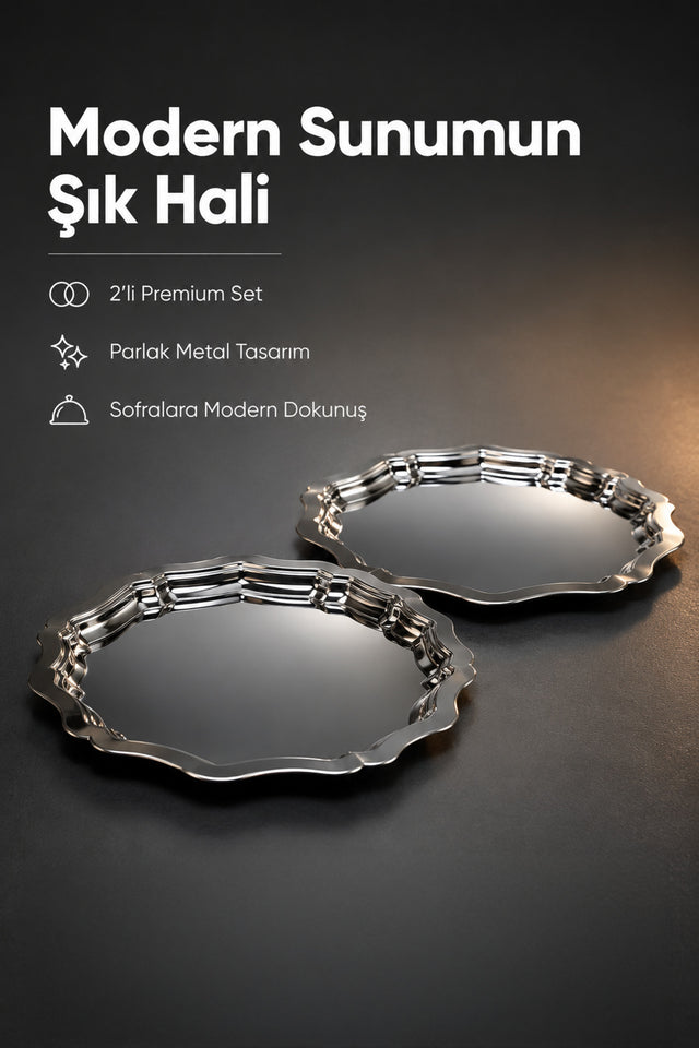 Çiçek Desenli Metal Sunum Tabağı 24 cm · 2'li