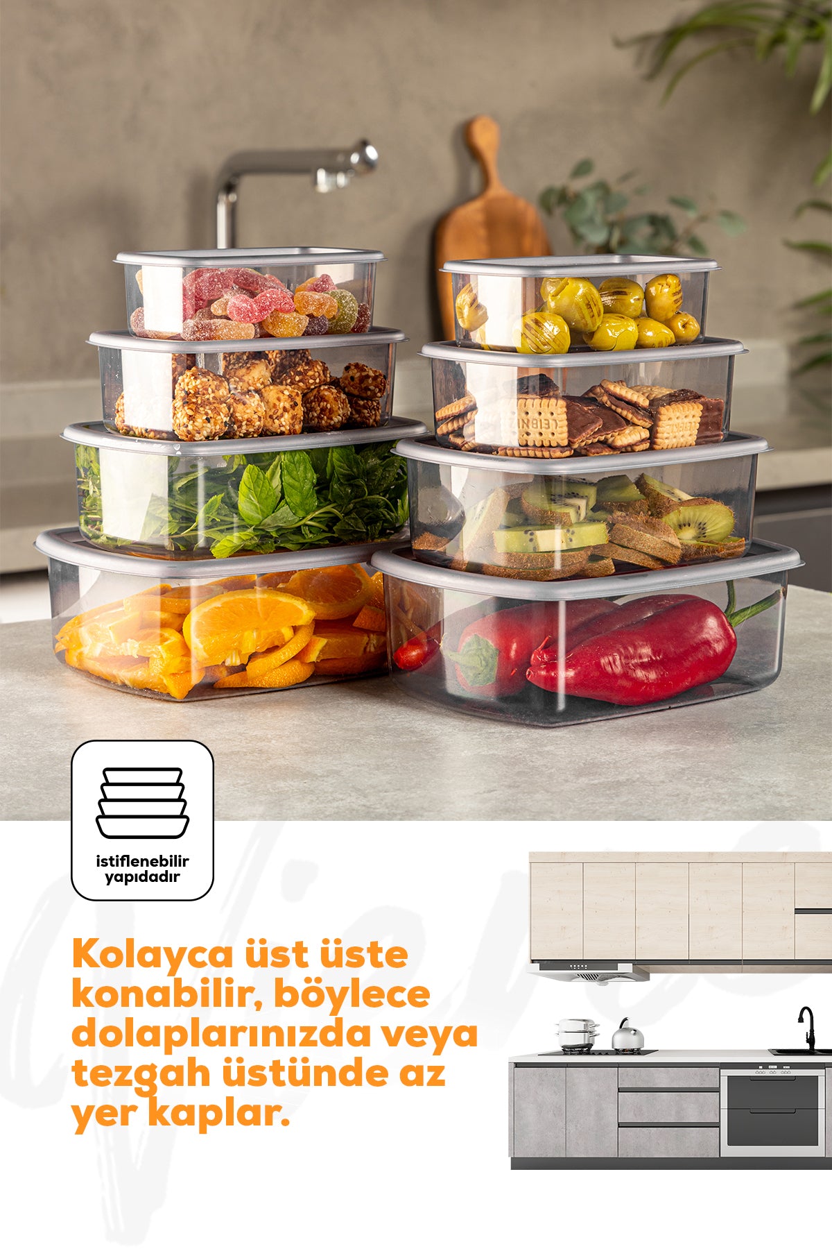 8'li Hava Geçirmez Saklama Kabı Seti Antrasit 2x(250-500-750-1200 ML)