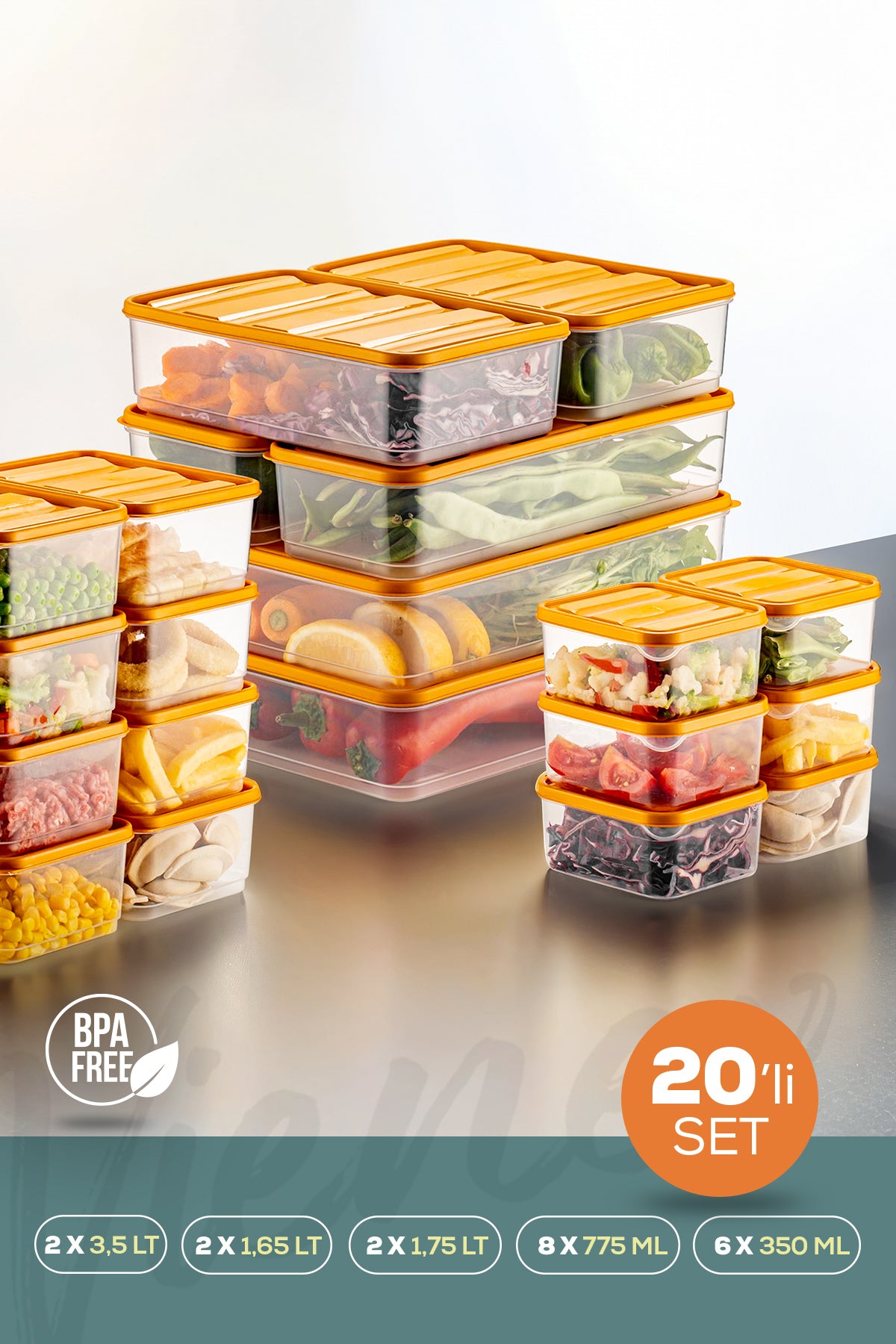 20'li Buzdolabı Düzenleyici Organizer Mikrodalgaya Uygun Difriz Saklama Kabı Turuncu