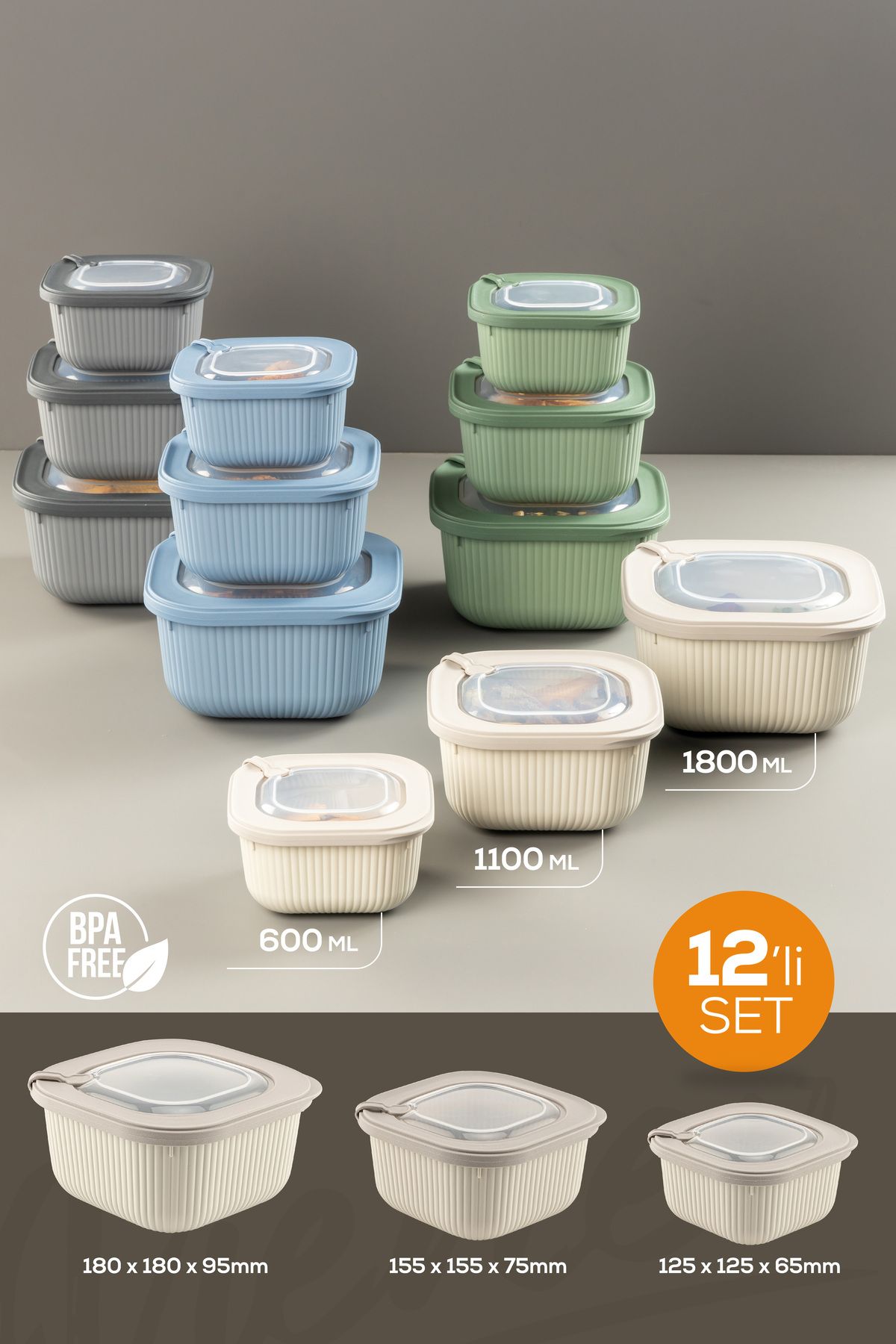 12'li 4x(600-1100-1800 ML) Mikrodalga Ve Difrize Uygun Vip Kapaklı Özel Saklama Kabı Seti Renkli