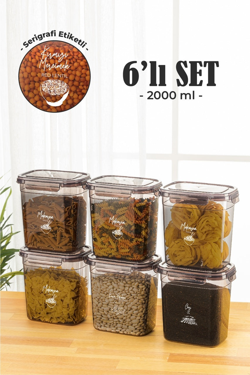 6'lı 2 Litre Contalı Dikdörtgen Saklama Kabı Seti Serigrafi Etiketli
