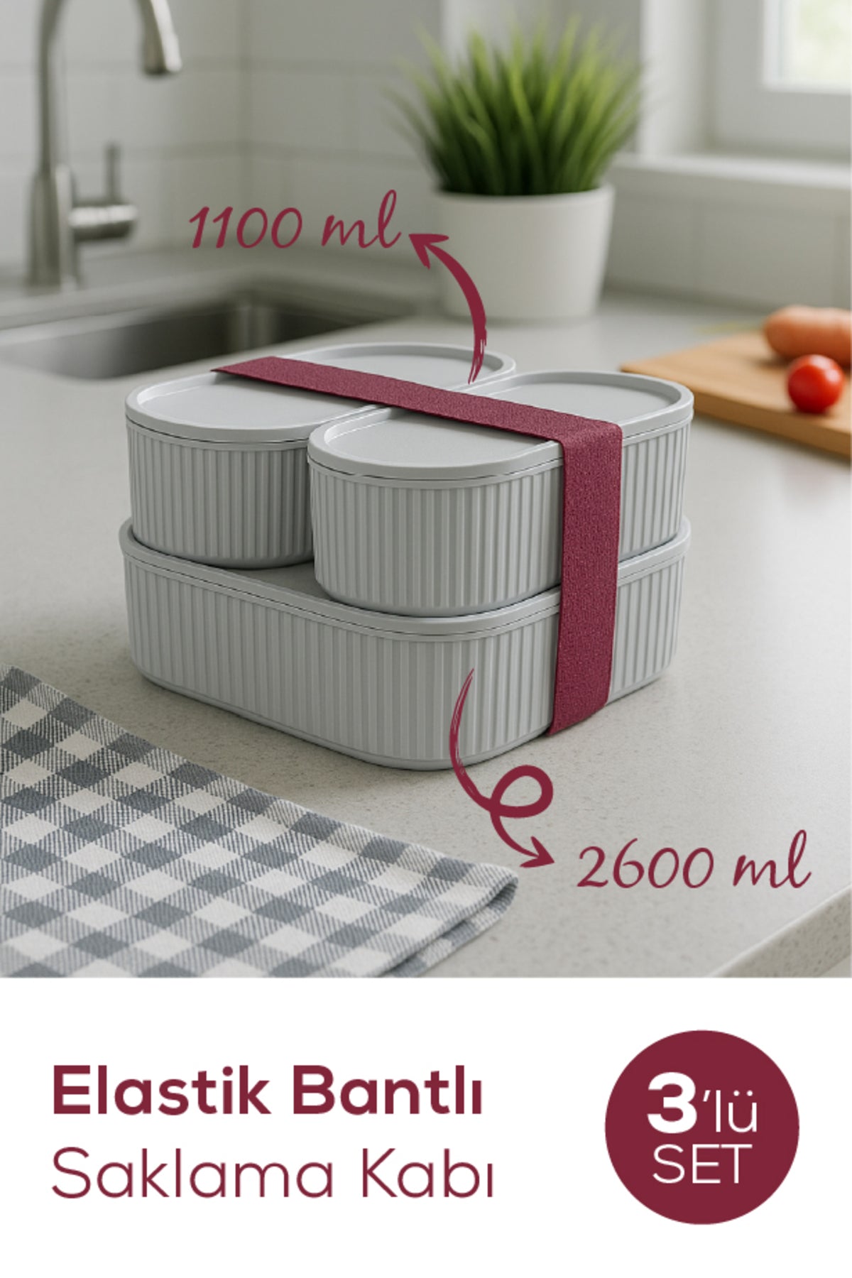 3'lü Elastik Bantlı İstiflenebilir Pratik Saklama Kabı Seti 2x(1100 ml) 1x(2400 ml) Gri