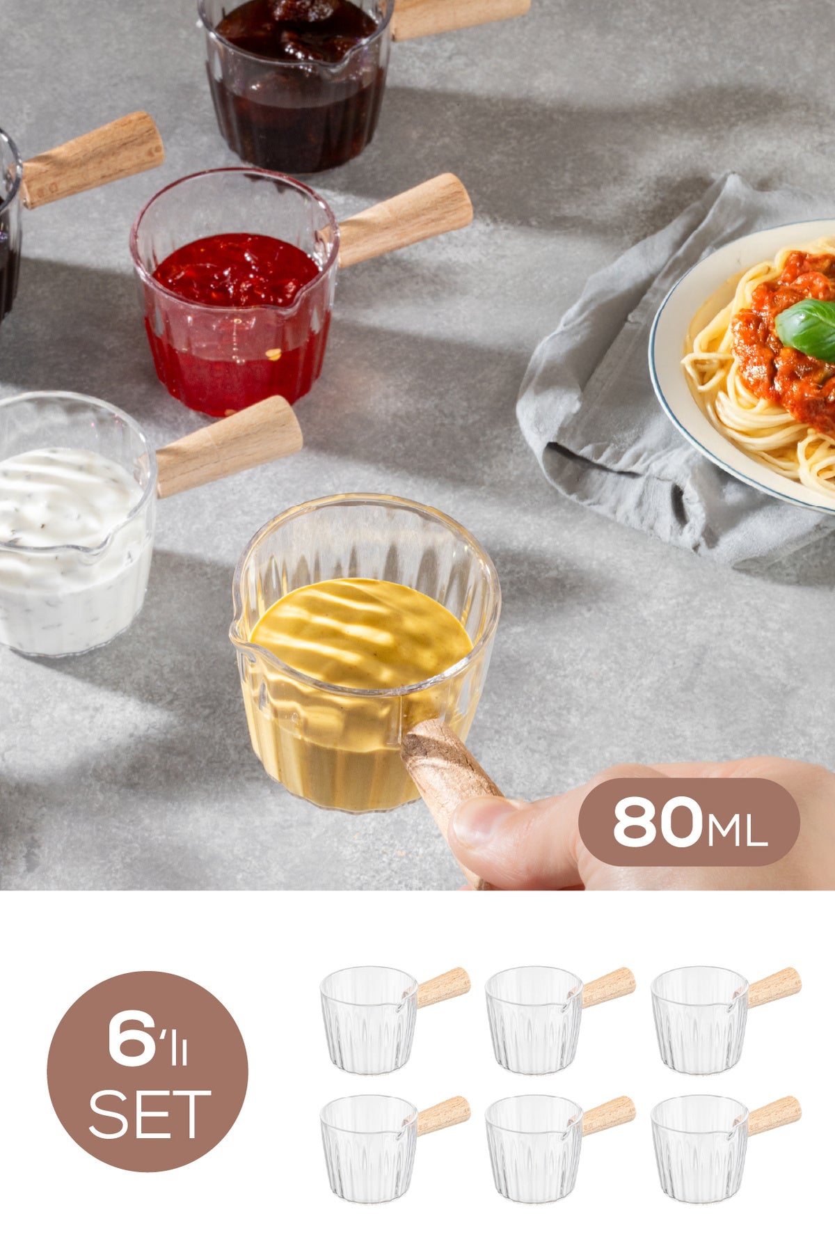 6'lı Ahşap Saplı Akrilik Sosluk 80 ml