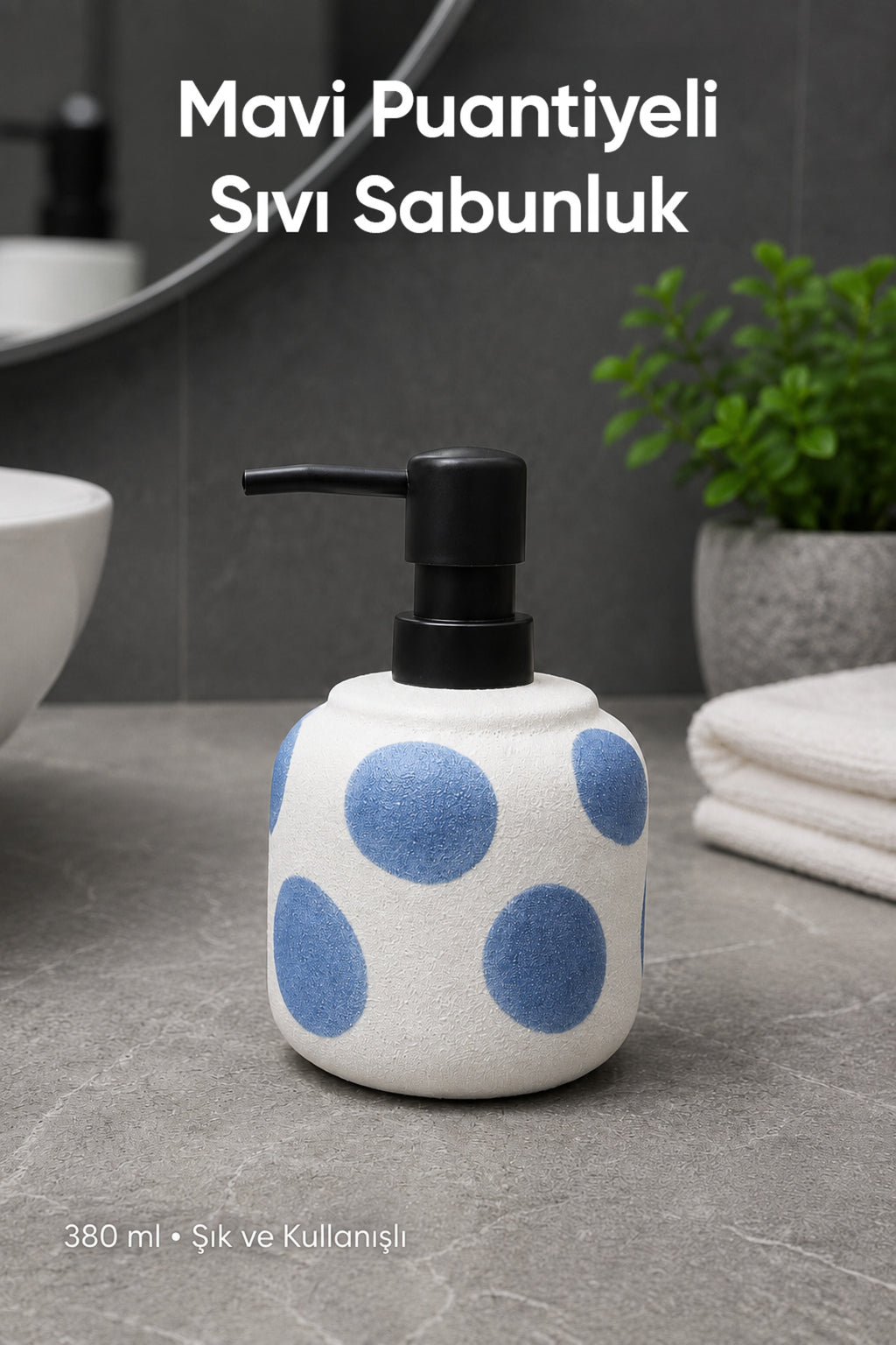 Mavi Puantiyeli Seramik Sıvı Sabunluk 380 ml Beyaz Lüks Banyo Mutfak Sıvı Sabunluk