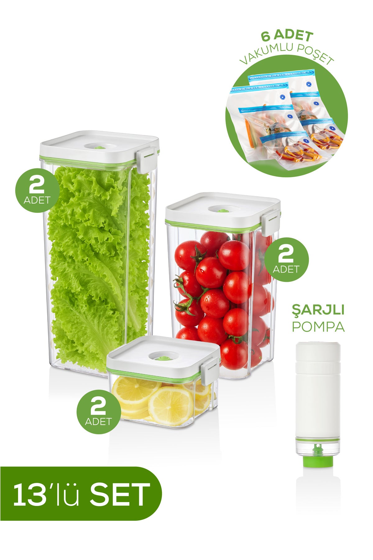 13'lü Vakumlu Saklama Kabı Seti | 2x(2 lt-1,3 lt-0,5 lt) Kap + Şarjlı Pompa + 6x Vakumlu Poşet