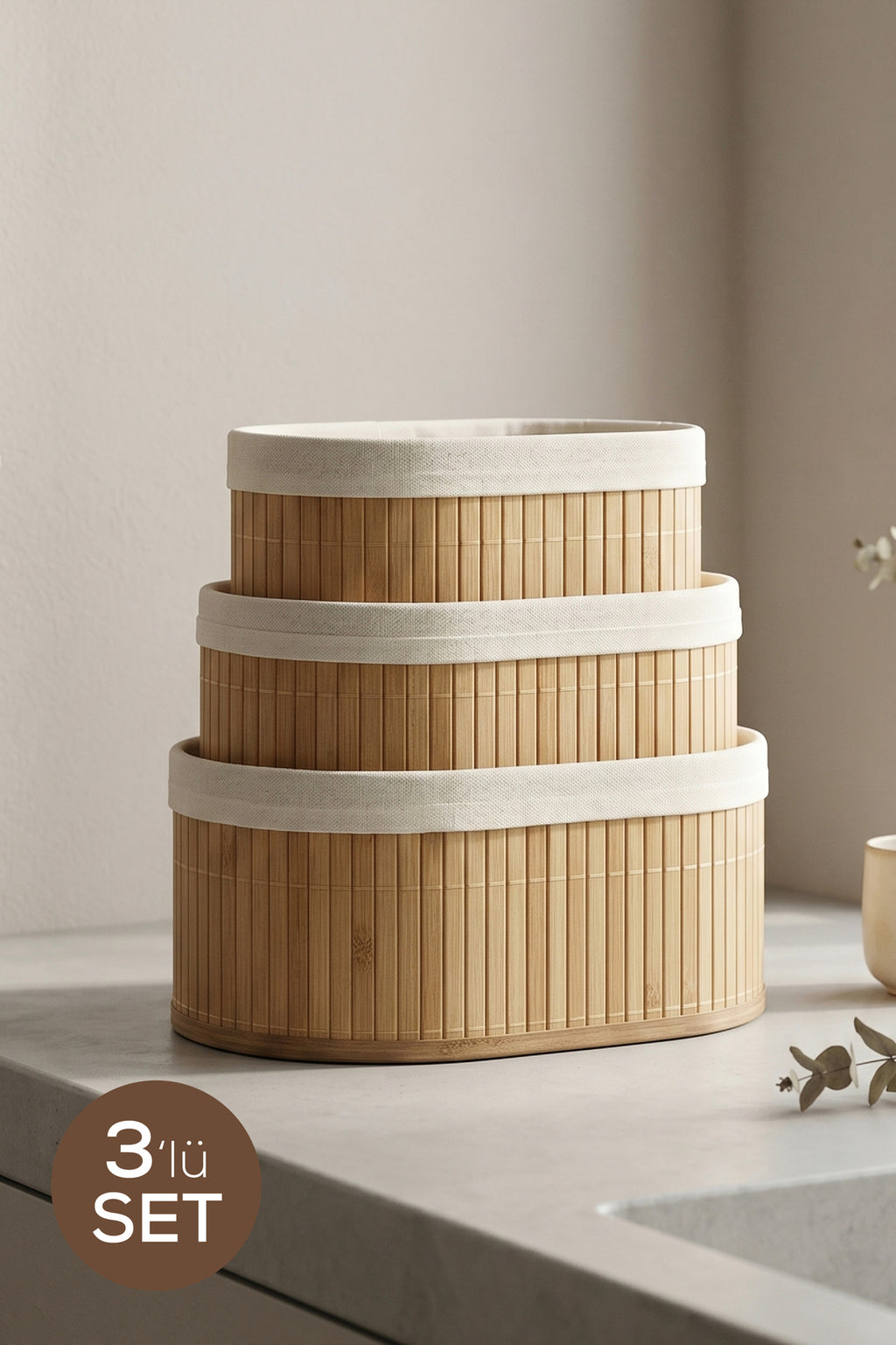 3'lü Set Oval Bambu Organizer Sepet | Banyo Mutfak Dolap İçi