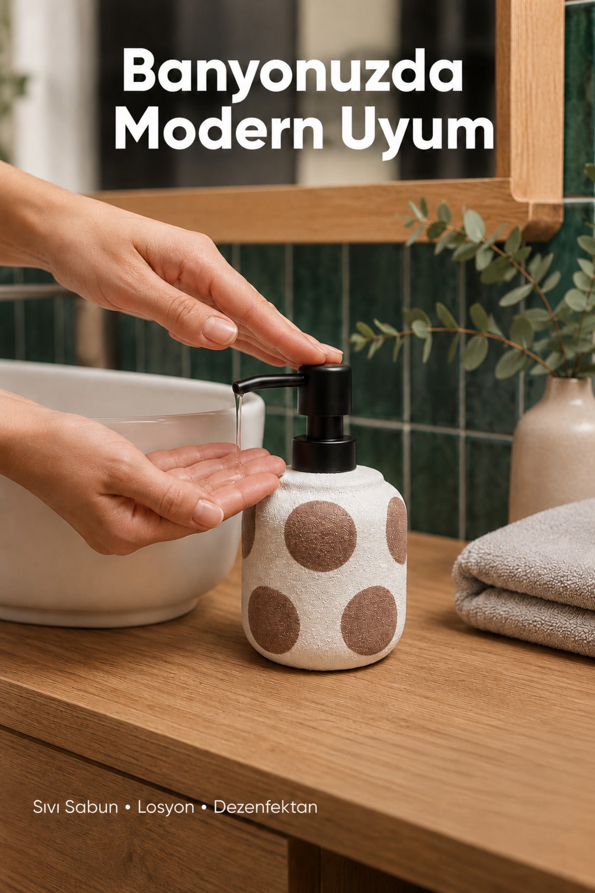 Kahverengi Puantiyeli Seramik Sıvı Sabunluk 380 ml Beyaz Lüks Banyo Mutfak Sıvı Sabunluk
